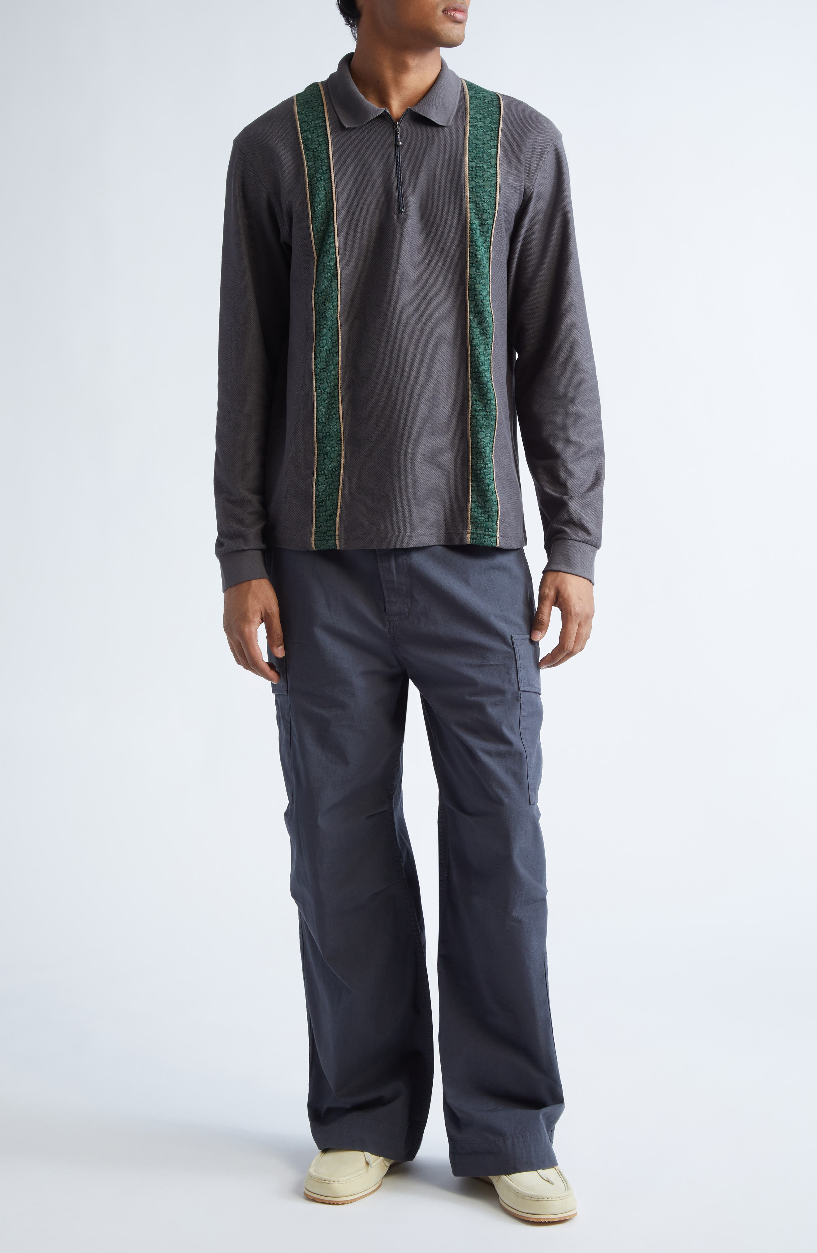 PALMES Long Sleeve Paneled Polo in Charcoal at Nordstrom - 2