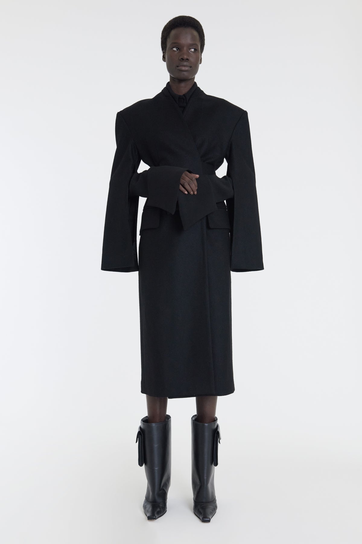 OPEN SLEEVE BELTED WRAP AROUND FITTED COAT BLACK - 3