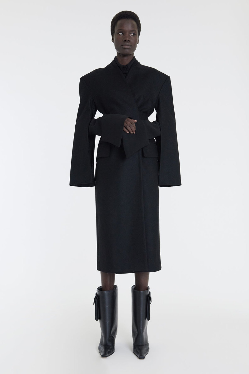 OPEN SLEEVE BELTED WRAP AROUND FITTED COAT BLACK 3