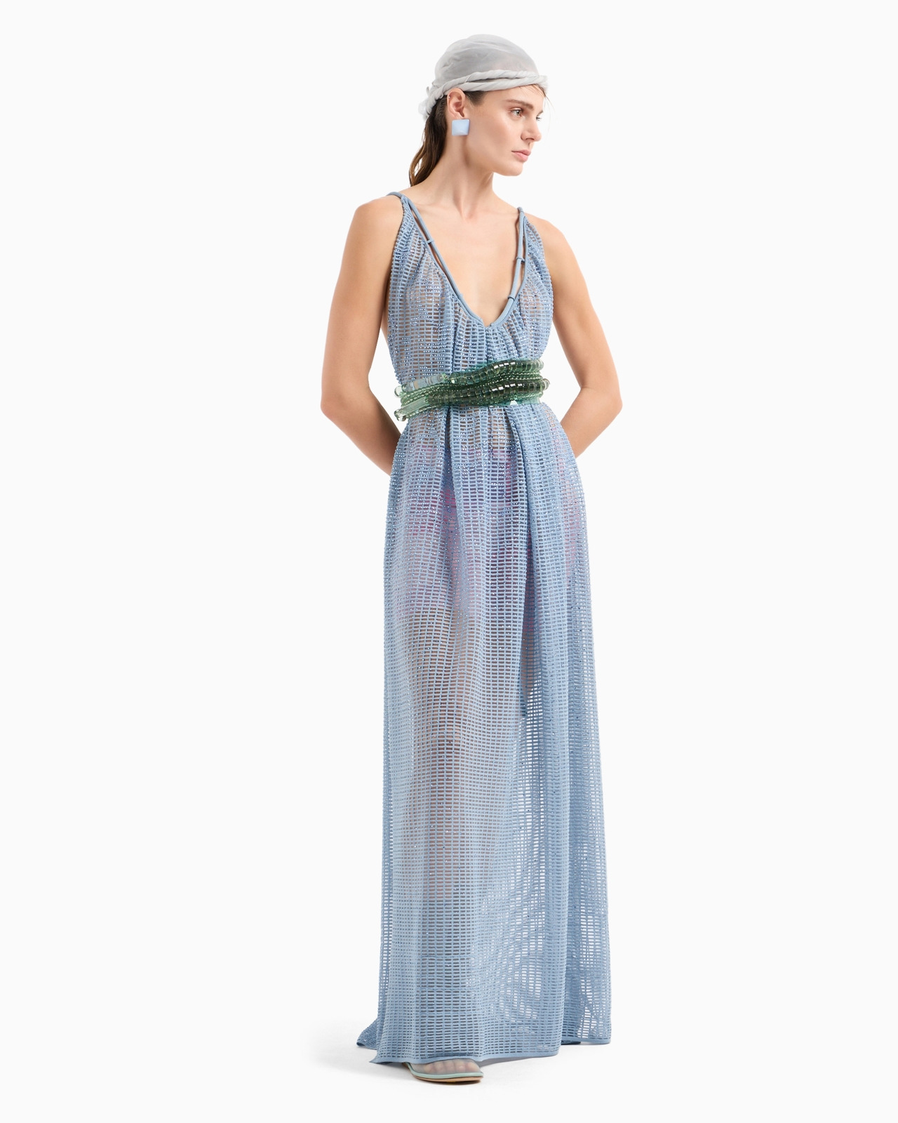 Plain knit and ottoman long dress with all-over rhinestones - 4