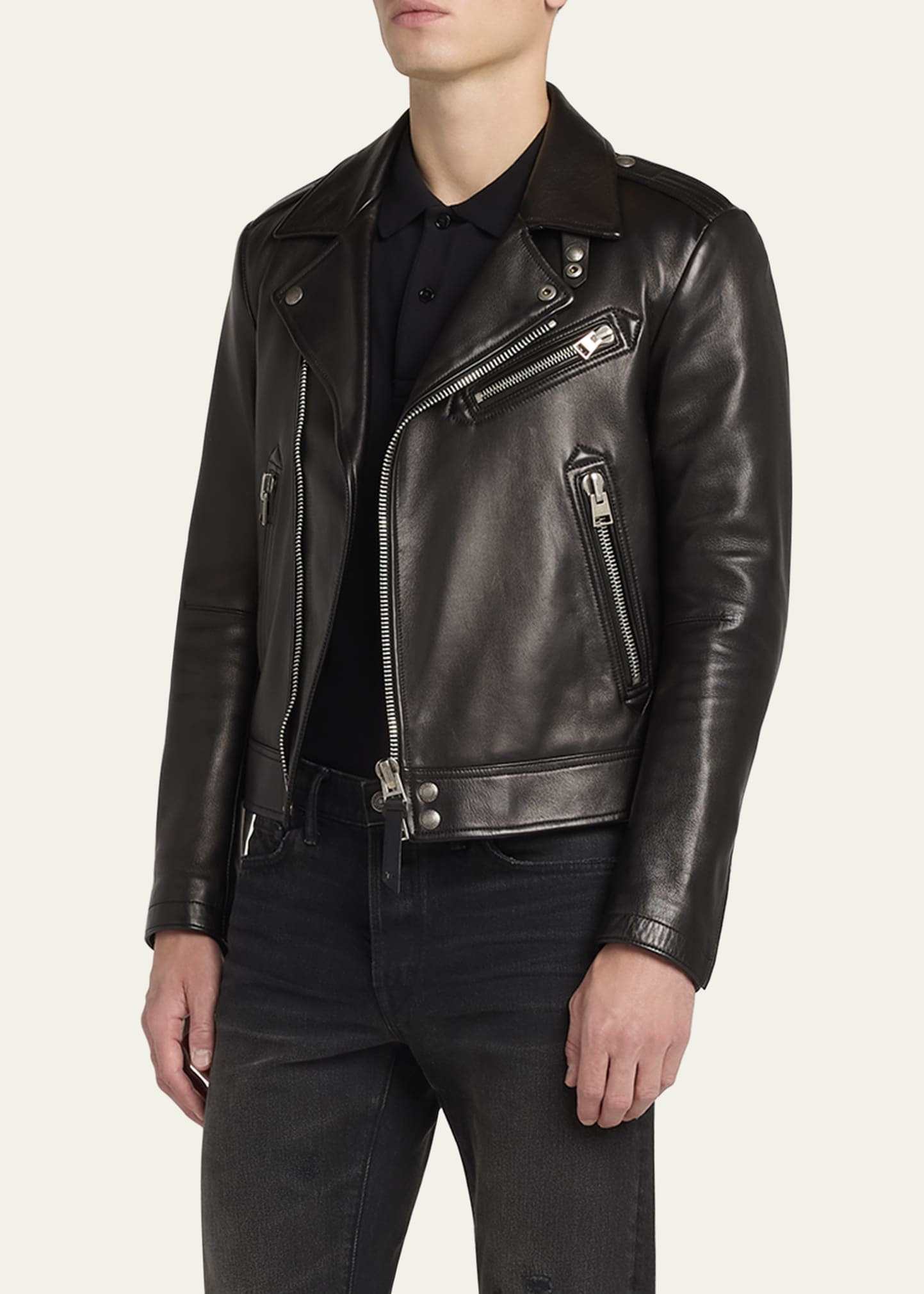 Men's Napa Leather Asymmetric Biker Jacket - 4