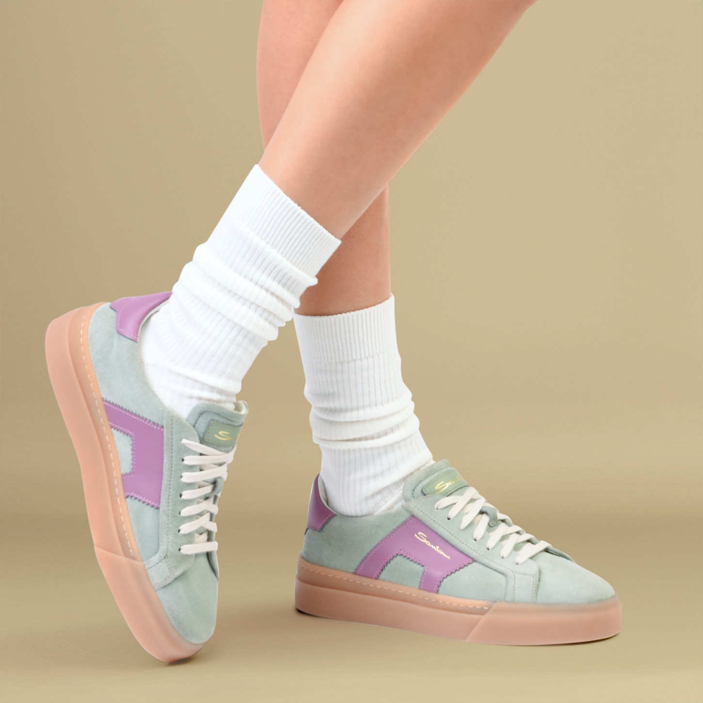 Women's green and purple suede and leather double buckle sneaker - 2