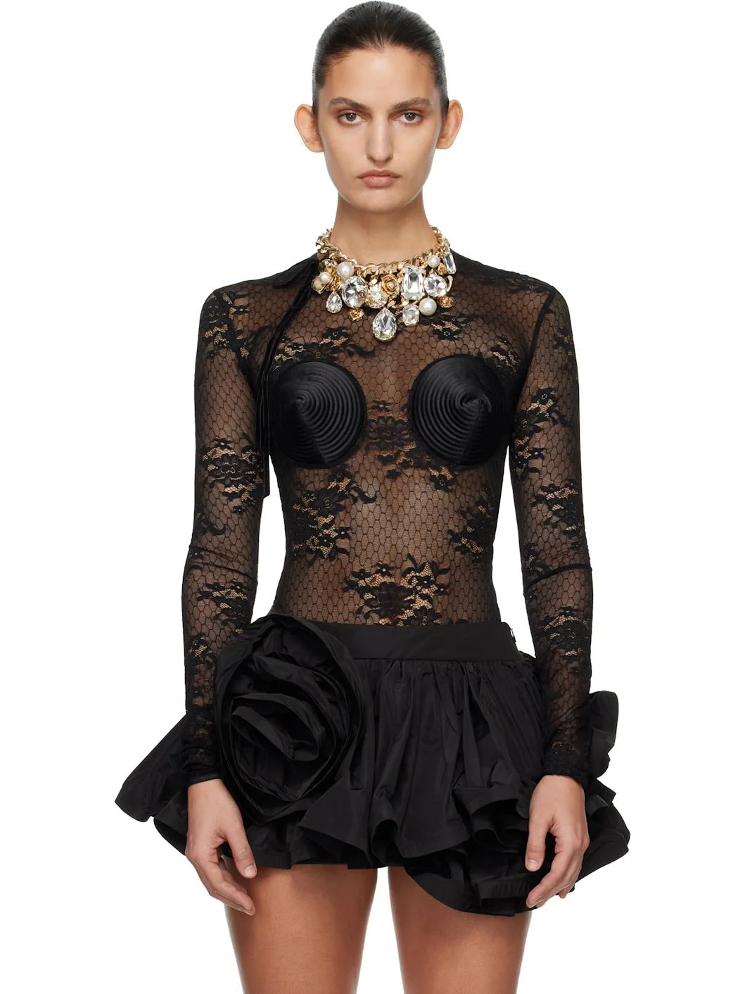 Black Lace Bullet Bra Bodysuit - 1