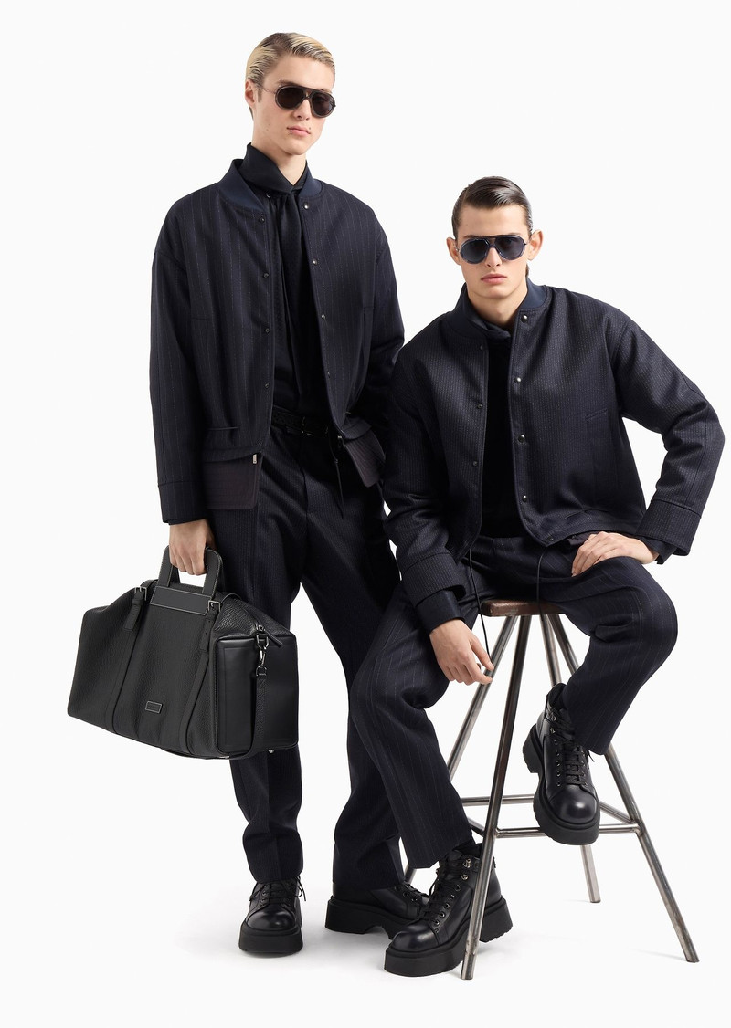 EMPORIO ARMANI Pinstripe-motif compact virgin wool trousers with strap detail outlook