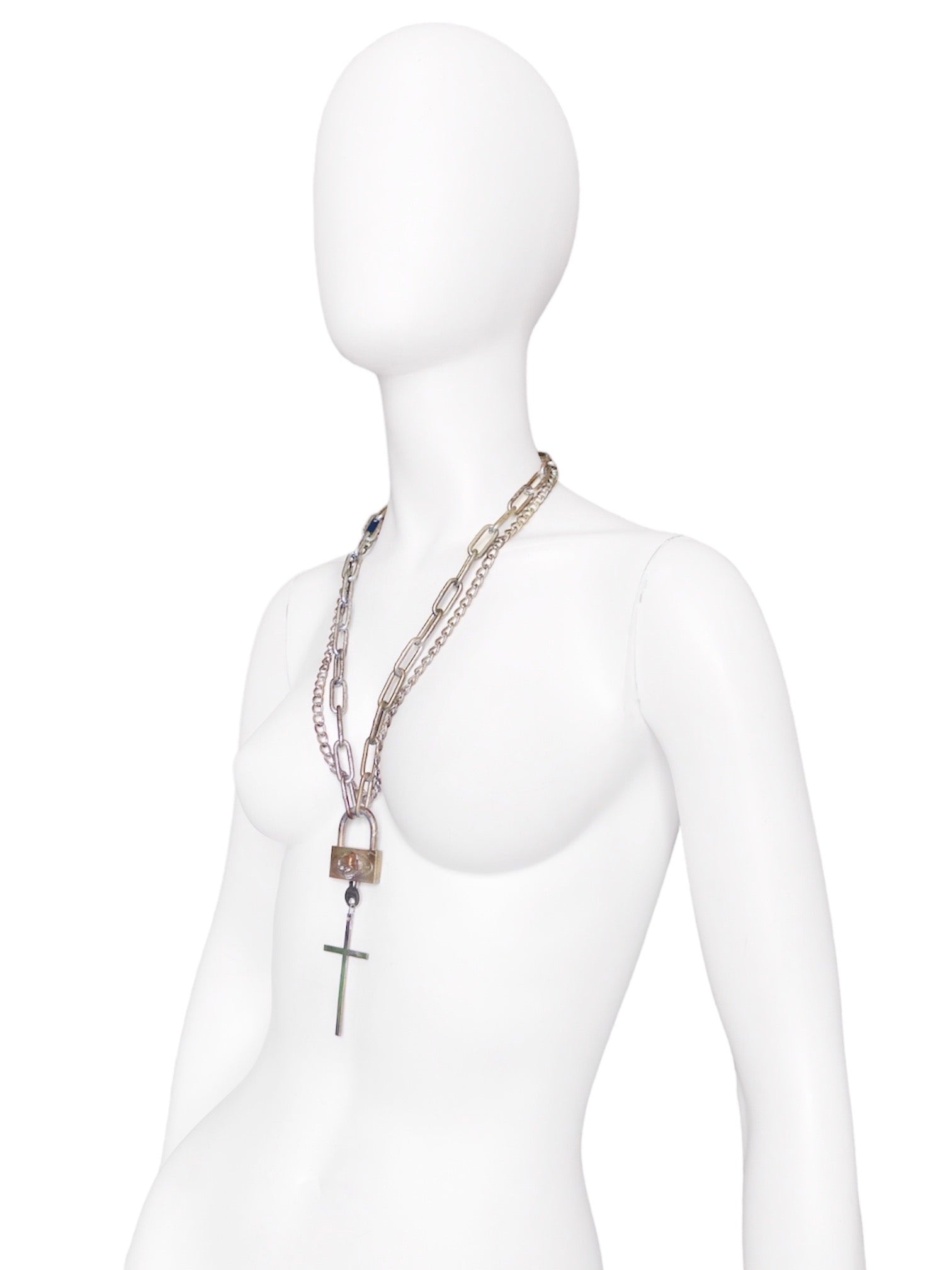 Jean Paul Gaultier 90s Sample Skull Lock Key Cross Double Chain Necklace - 3