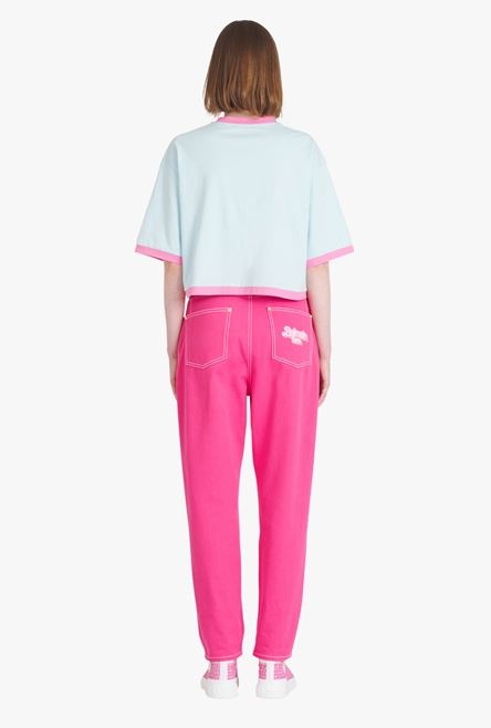 Balmain x Barbie - Blue eco-designed cotton cropped T-shirt with pink Balmain logo print - 3