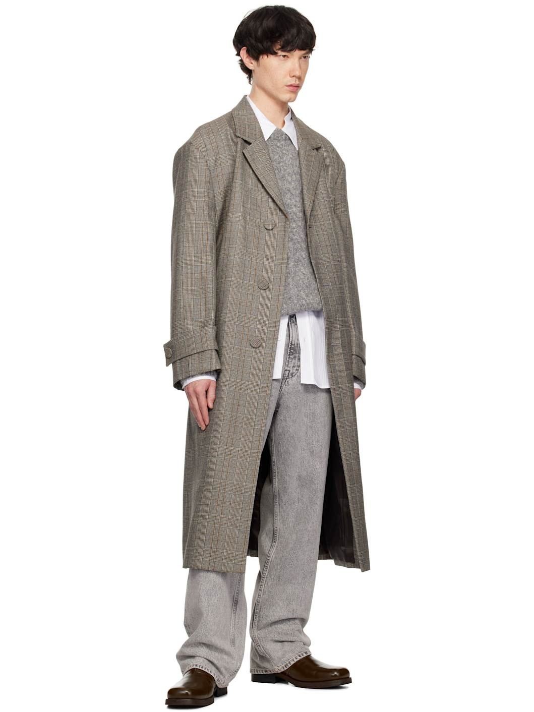 Beige Check Belted Single Coat - 4