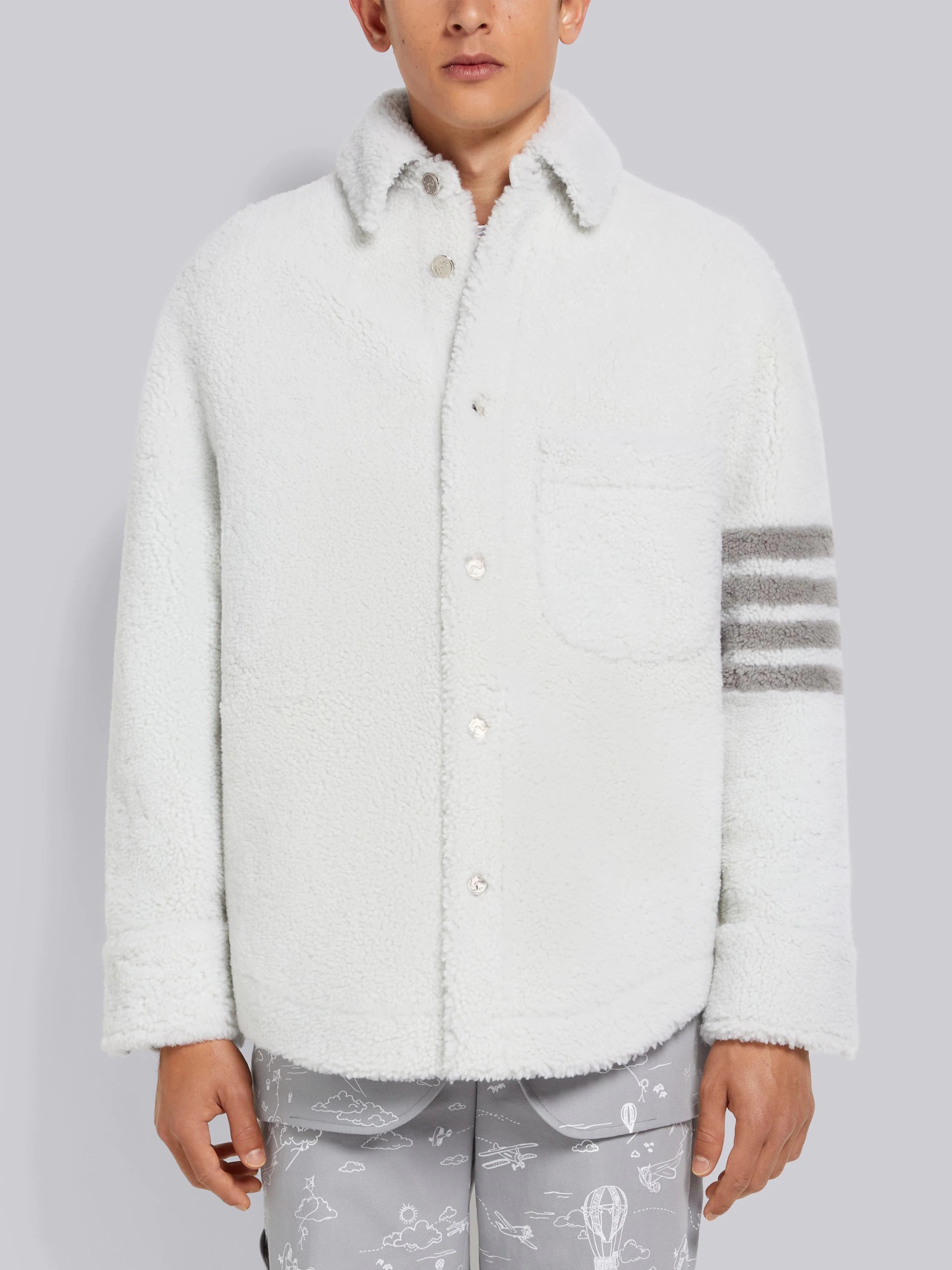 White Dyed Shearling 4-Bar Oversized Shirt Jacket - 1