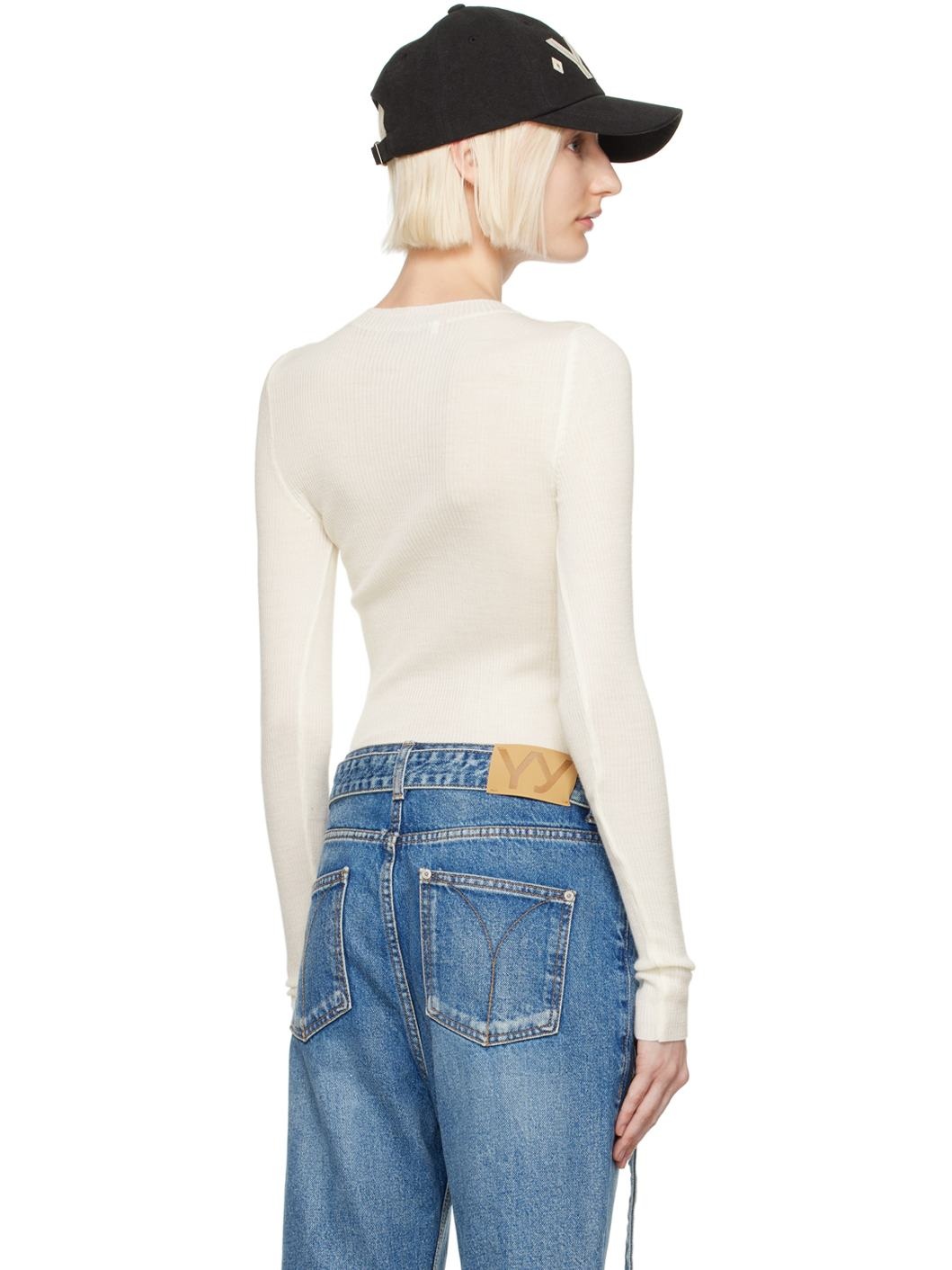 White Ribbon Rib Knit Long Sleeve T-shirt - 3