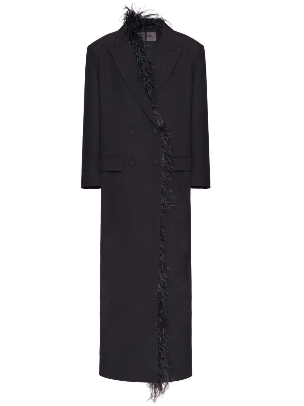 feather-trim long wool coat - 1
