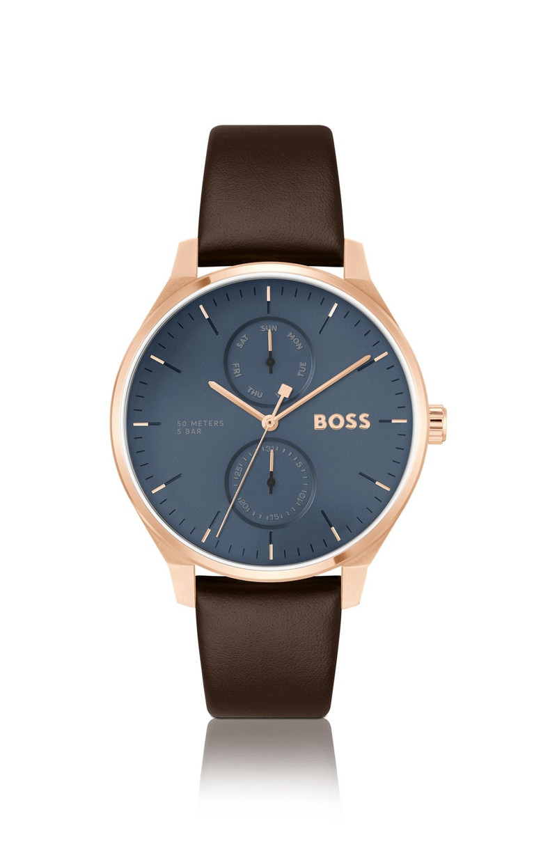 GOLD-TONE WATCH WITH BLUE DIAL AND LEATHER STRAP 1
