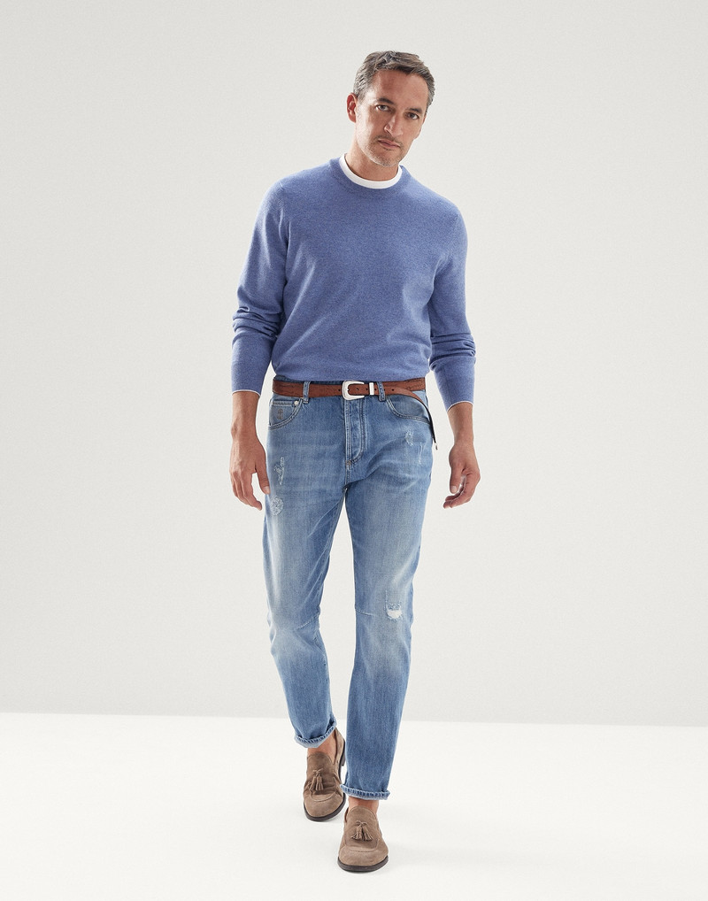 Brunello Cucinelli Lightweight denim leisure fit five-pocket trousers with rips outlook