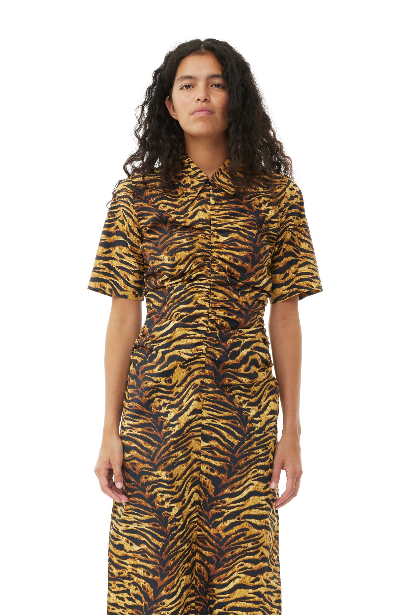 ANIMAL PRINTED COTTON GATHERED MIDI DRESS - 3