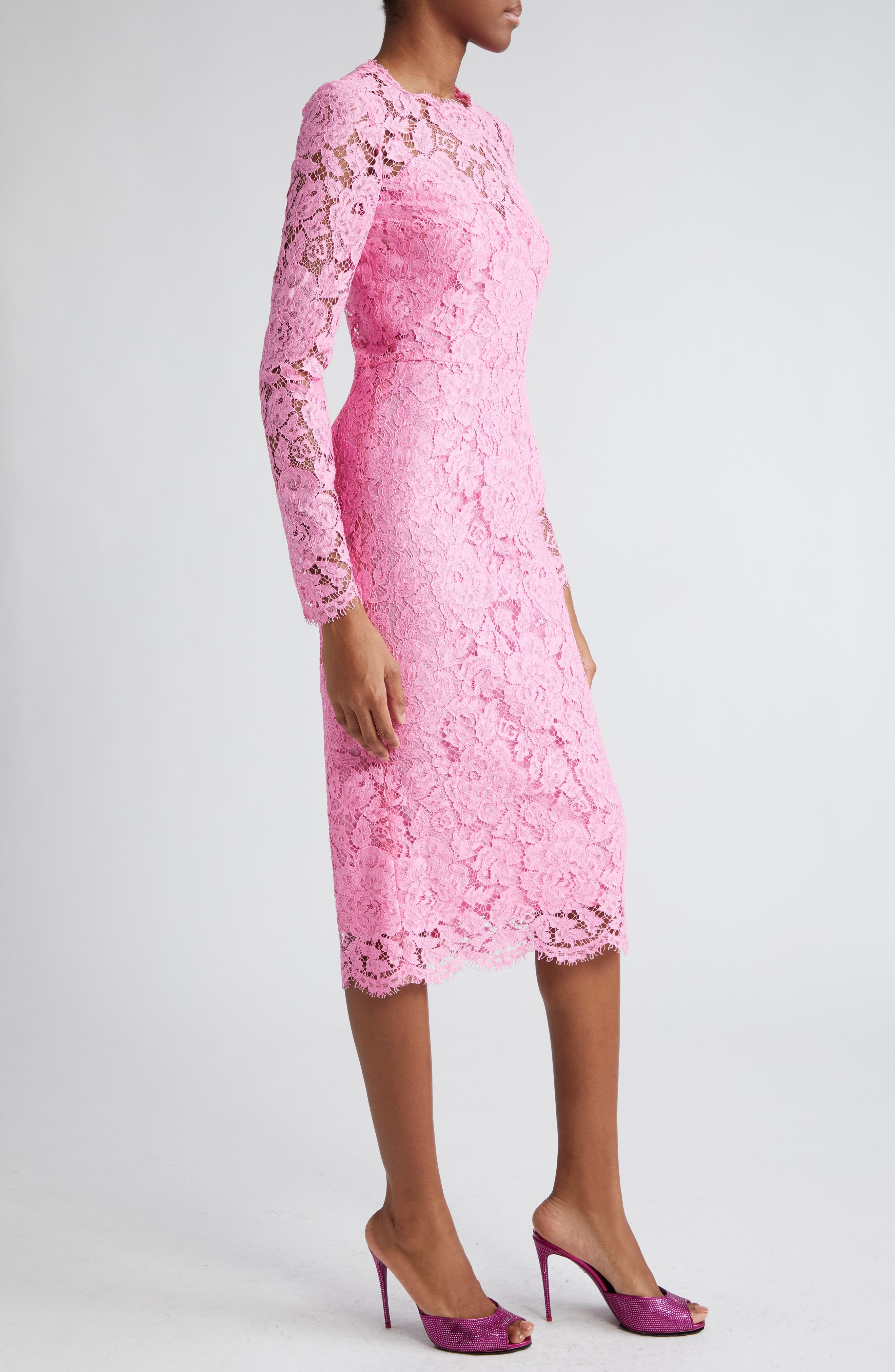 Long Sleeve Cordonetto Lace Sheath Dress - 3