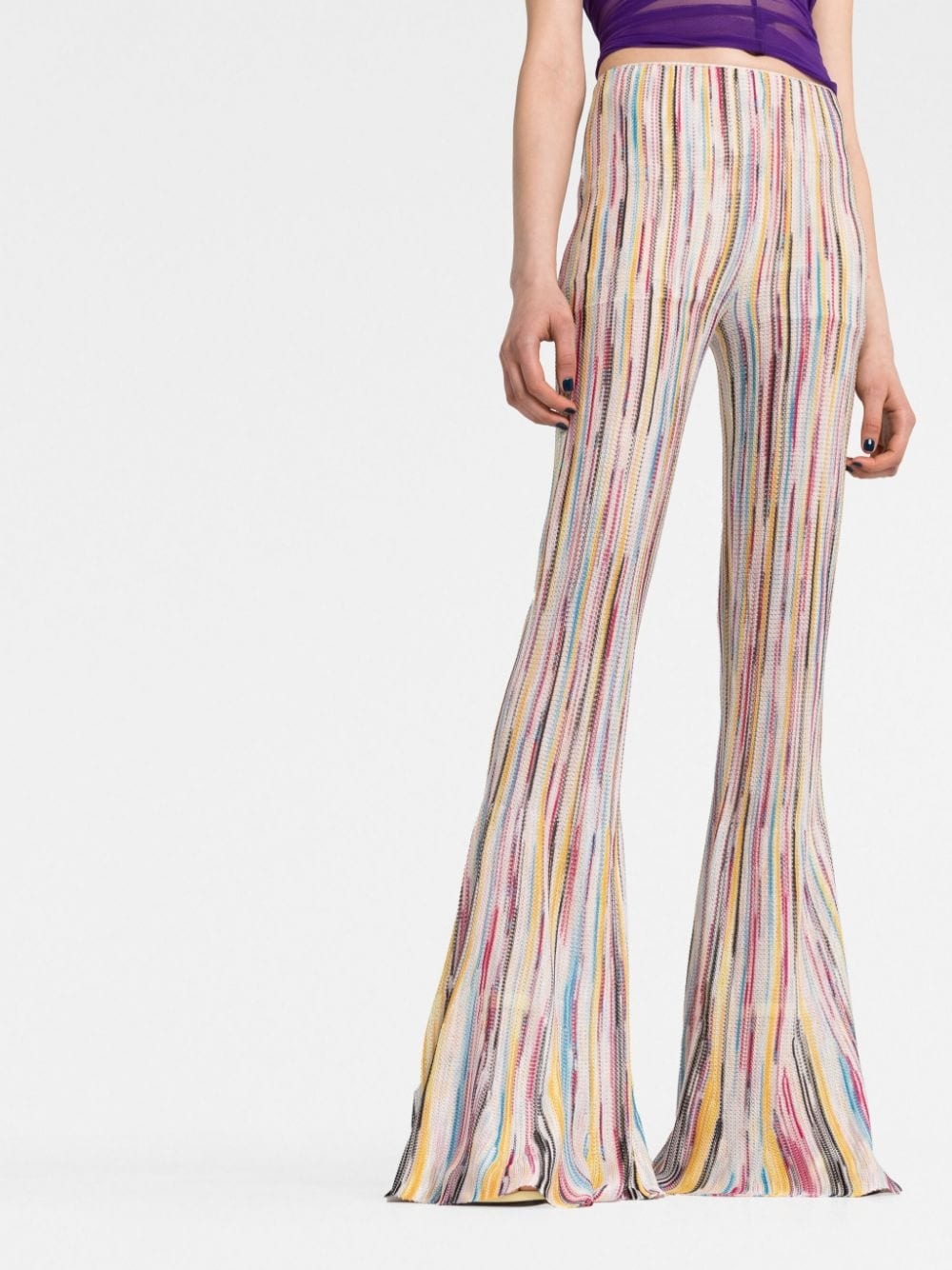 stripe-pattern semi-sheer flared trousers - 5