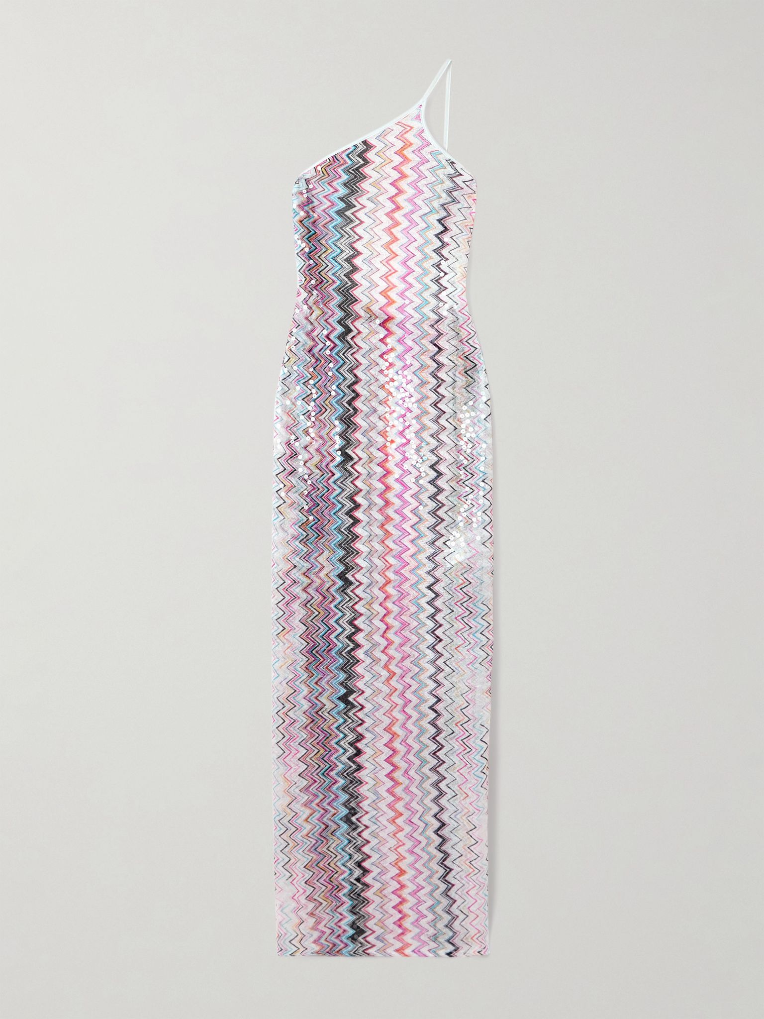 One-shoulder sequin-embellished striped crochet-knit maxi dress Pink - 1