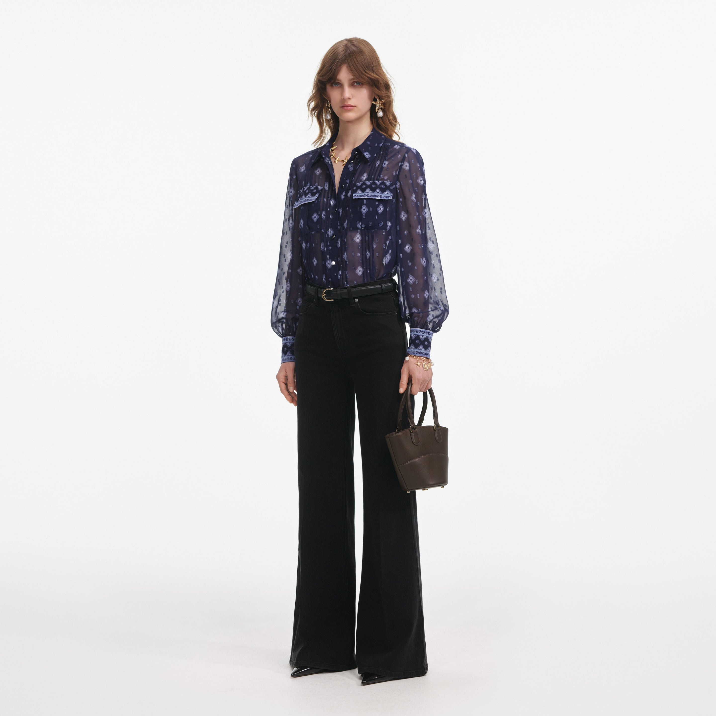 Navy Printed Chiffon Blouse - 2