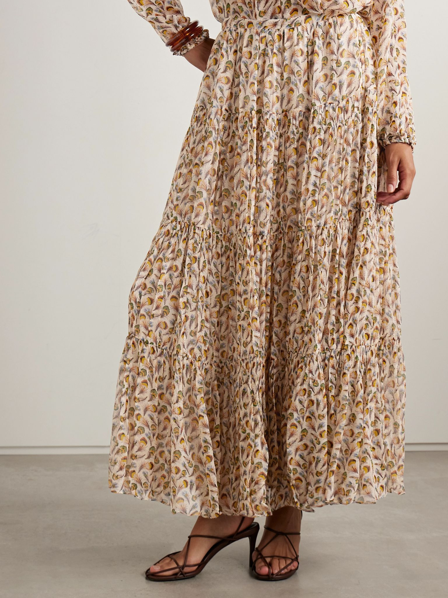 Gaelle tiered printed silk-crepon maxi skirt Cream - 3