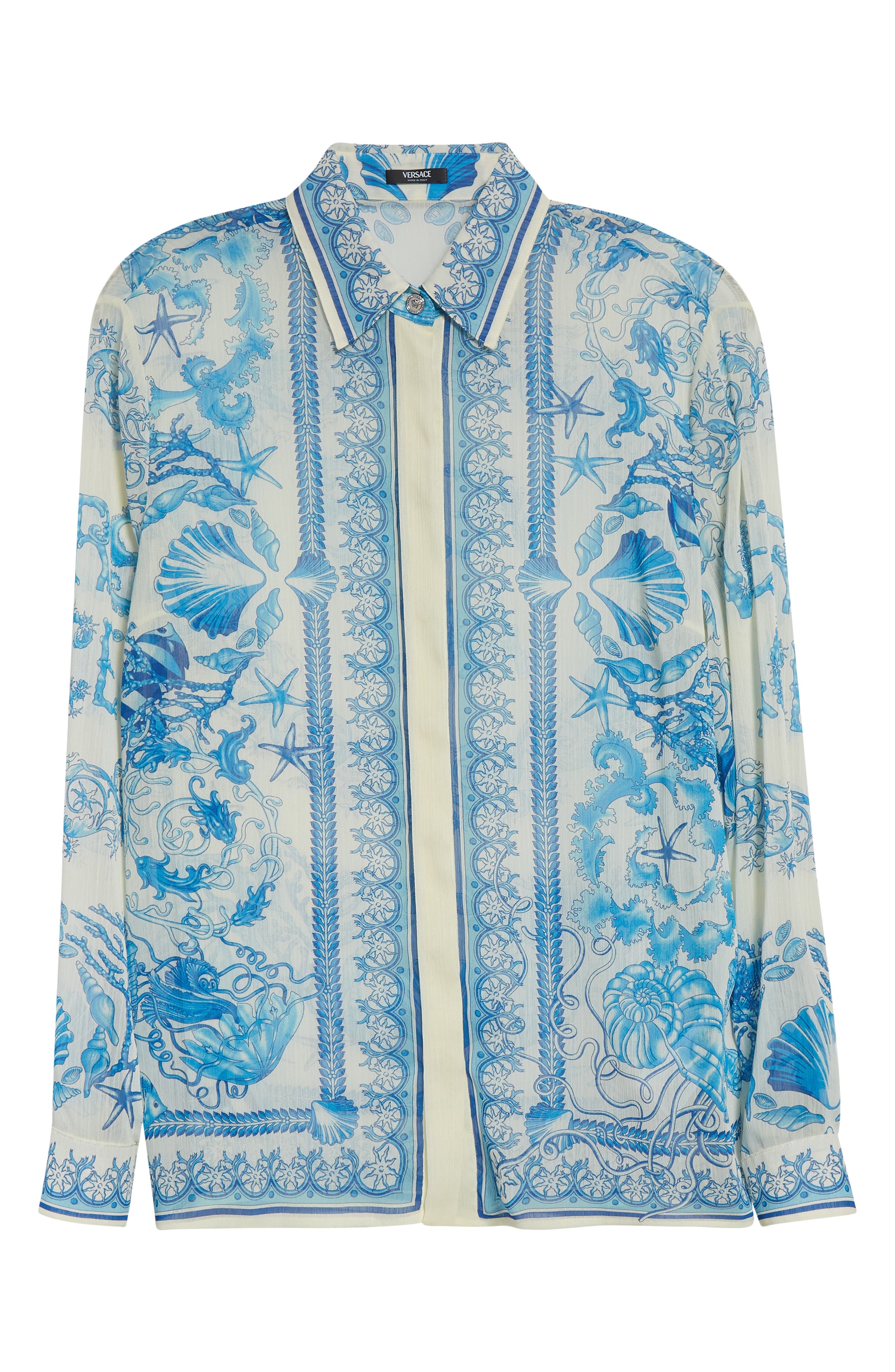 Versace Underwater Barocco Techno Crepon Button-Up Shirt in Eggshell Bright Dv Blue at Nordstrom - 6