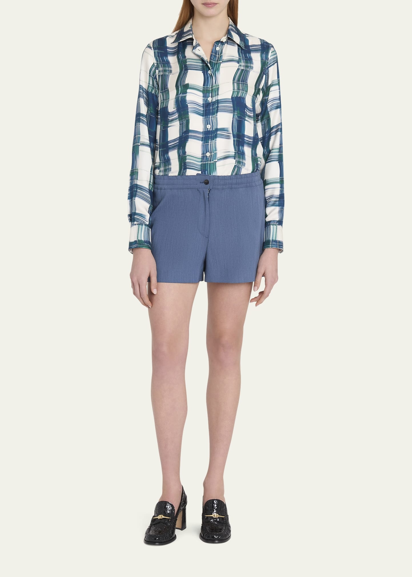 Brushstroke Check Button Down Silk Blouse - 2