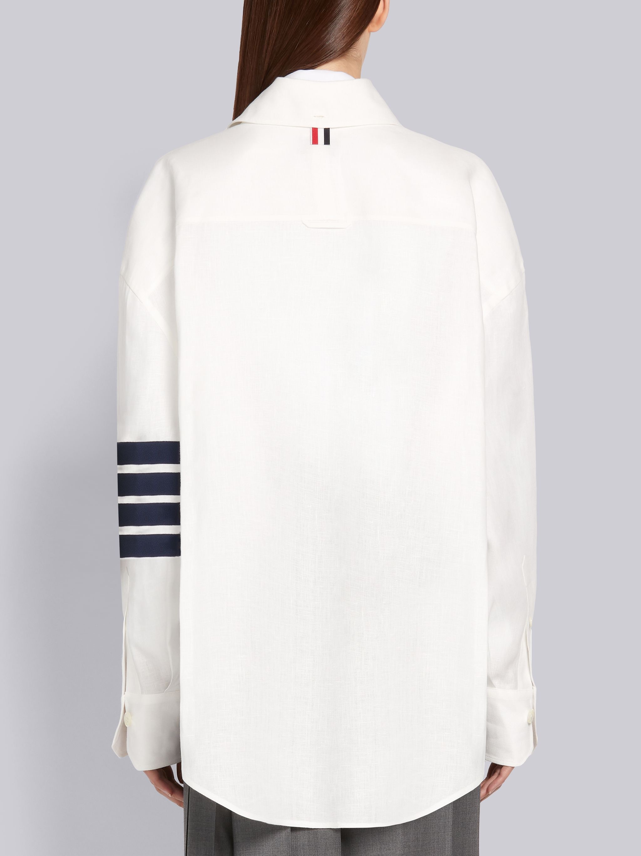 White Linen Supersized Long Sleeve 4-Bar Button Down Shirt - 3