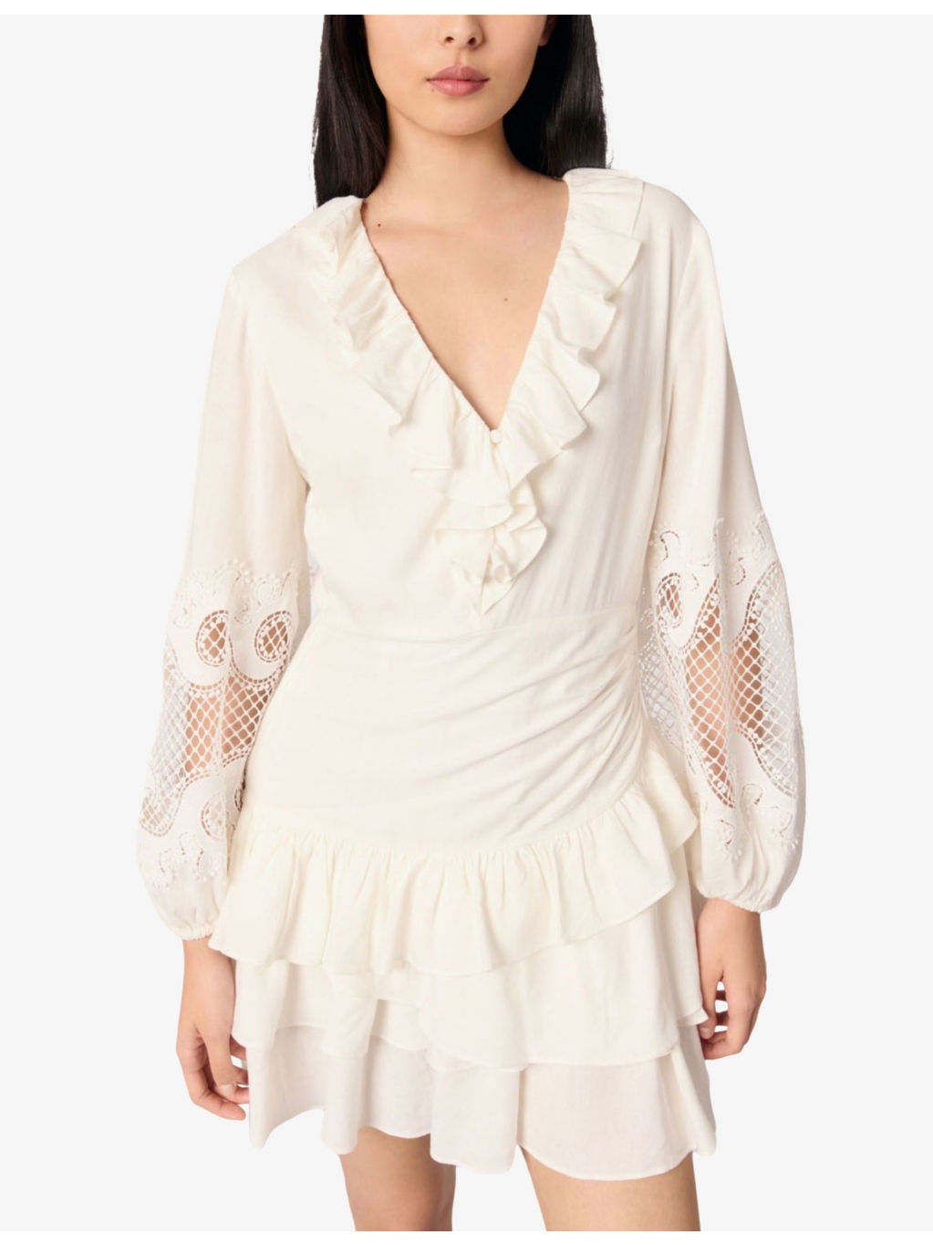 V-Neck Lace-Insert Woven Mini Dress - 4