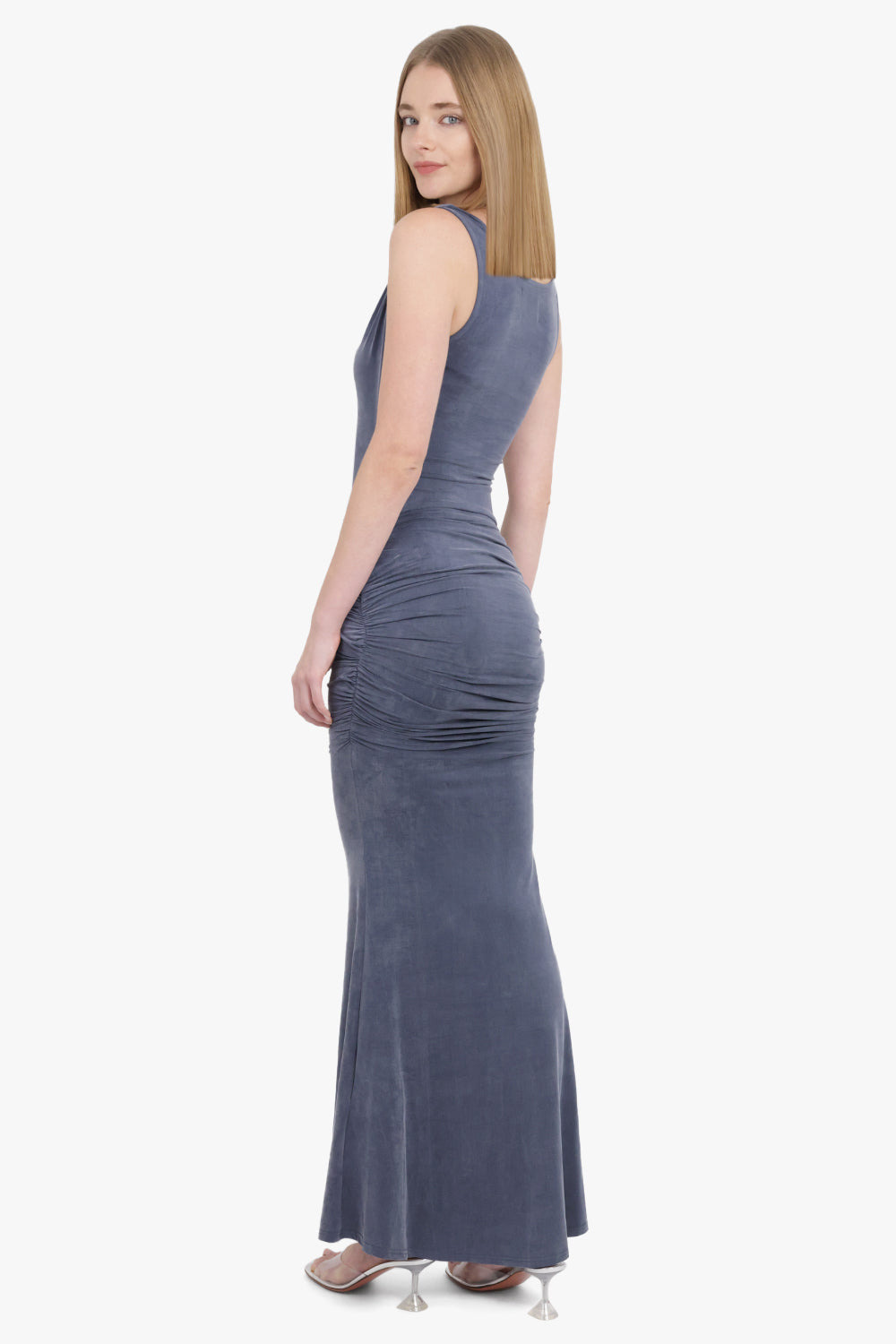 LIZ RUCHED S/LESS ASYMMETRIC MIDI DRESS | WASHED NAVY - 5