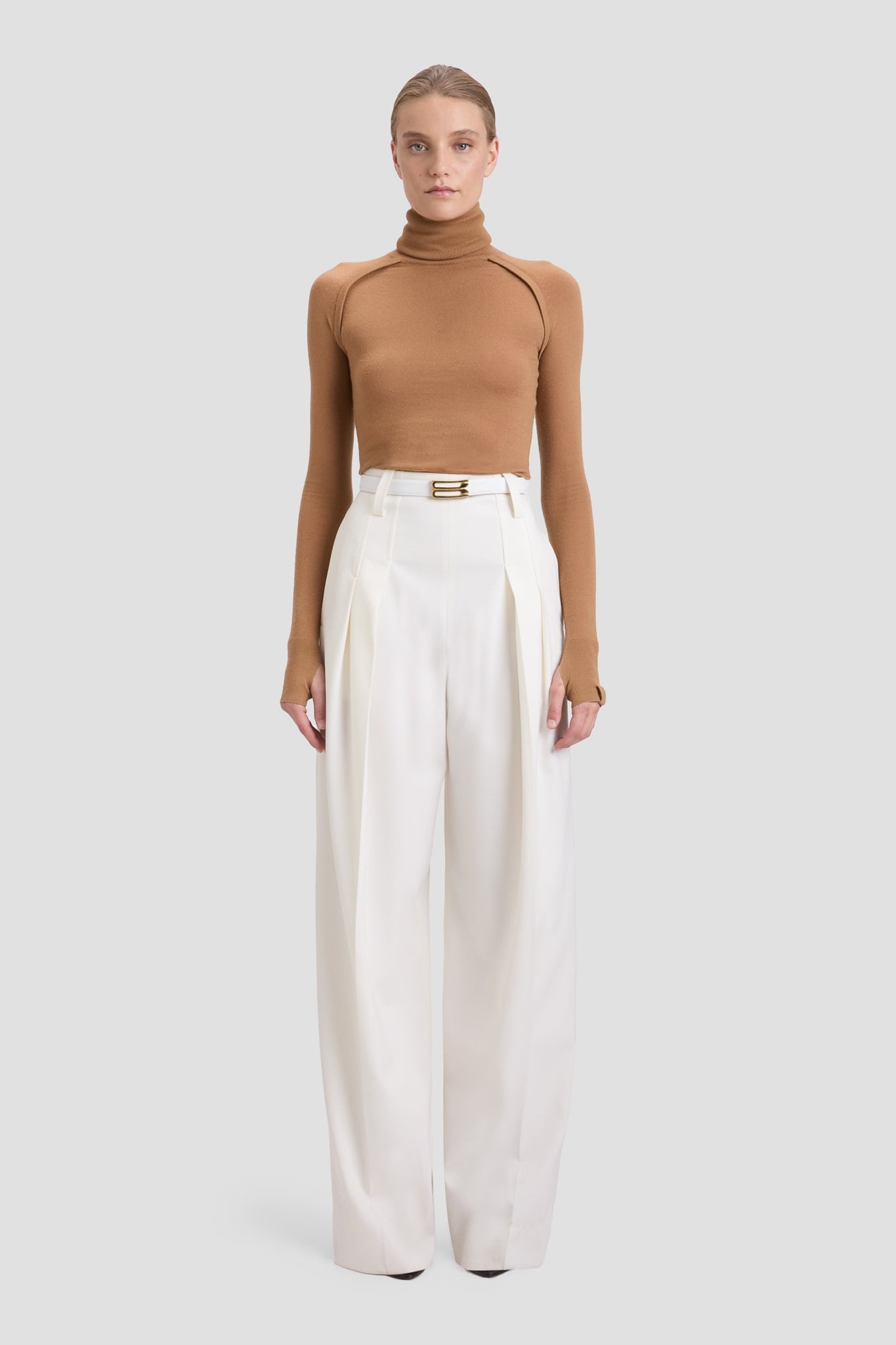 High Waisted Cinched Trouser In Ivory - 2