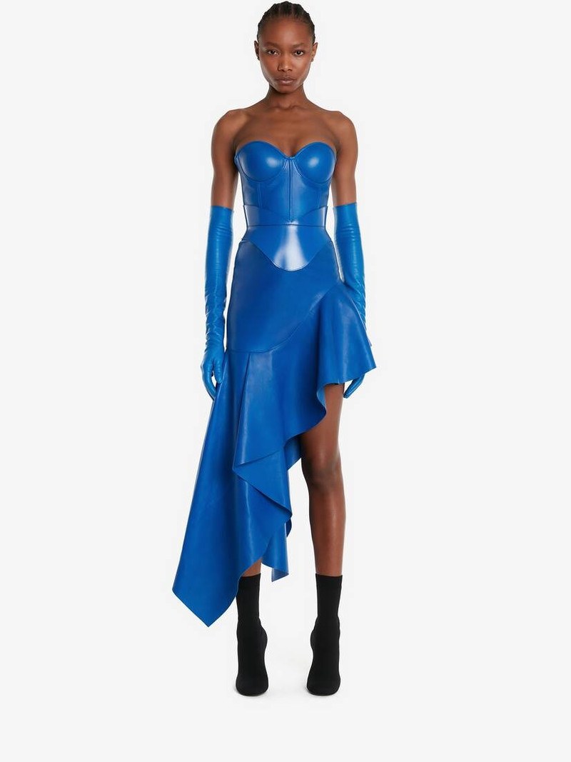 Alexander McQueen Women's Asymmetric Drape Leather Dress in Galactic Blue -  746464Q5ALO4155 | REVERSIBLE