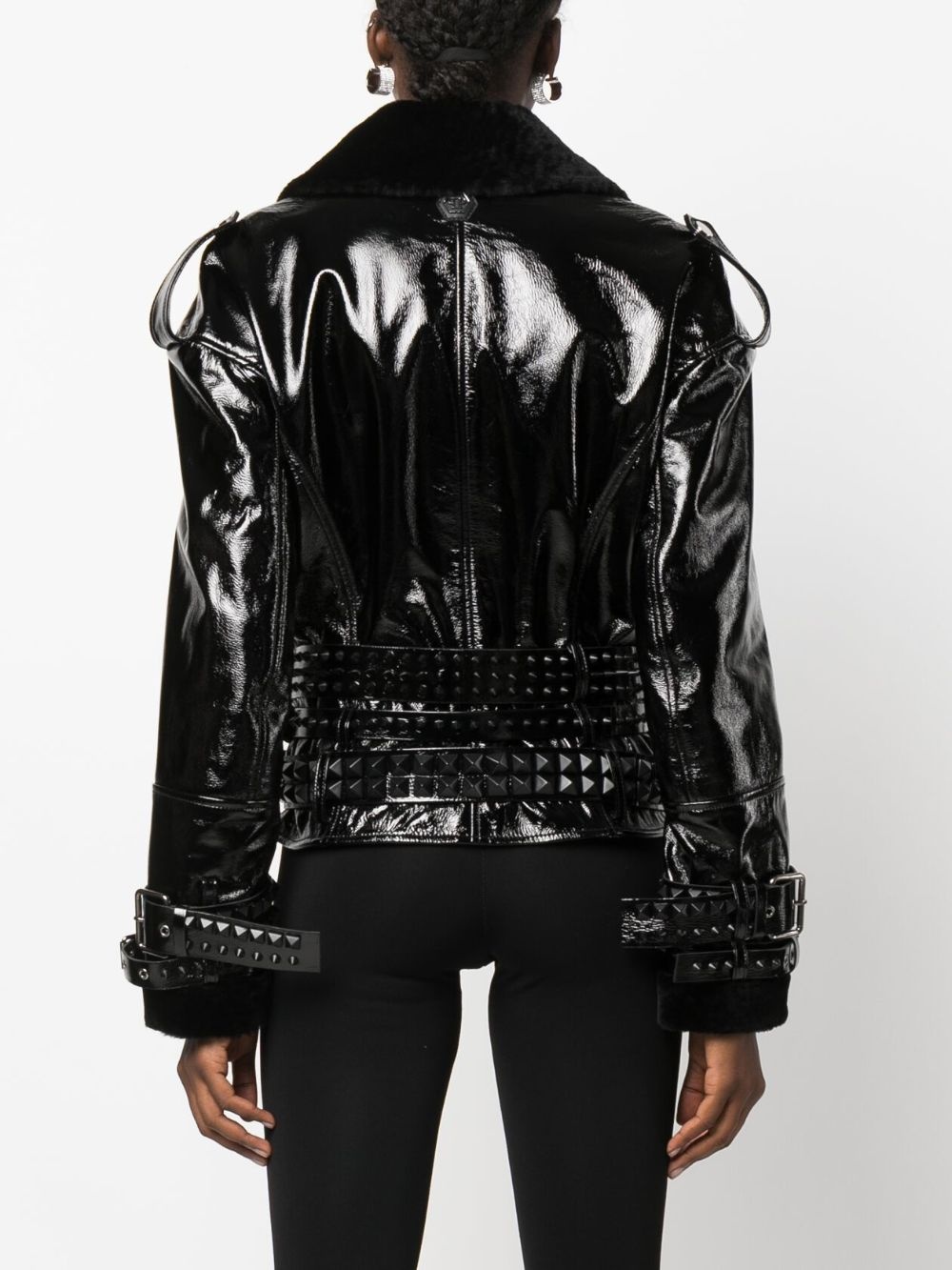 shearling-collar patent-leather jacket - 4
