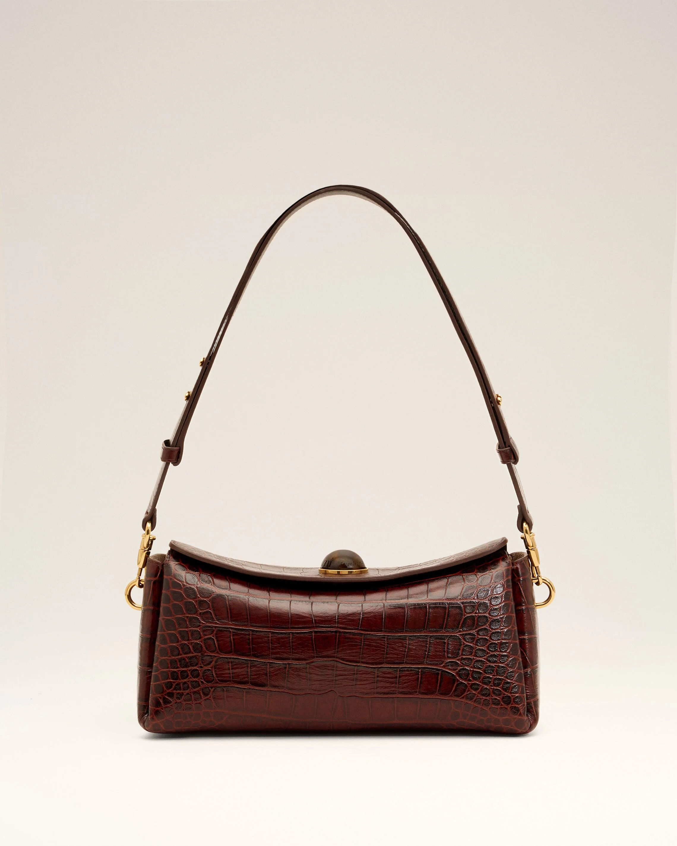 BROWN CROCODILE EMBOSSED COW LEATHER CARROUSEL BAG - 1
