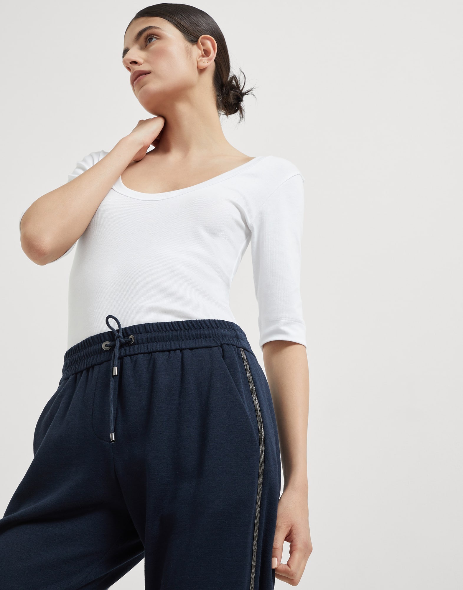 Comfort cotton and silk interlock trousers with precious stripe - 3