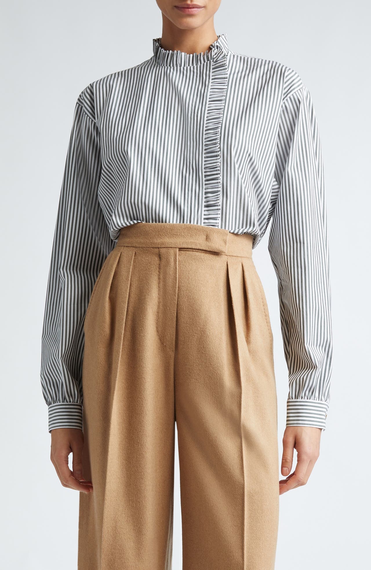 Max Mara Didy Stripe Asymmetric Placket Silk Button-Up Shirt at Nordstrom - 1