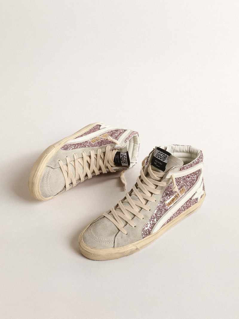 Golden Goose Slide in lilac glitter with white leather star and flash outlook