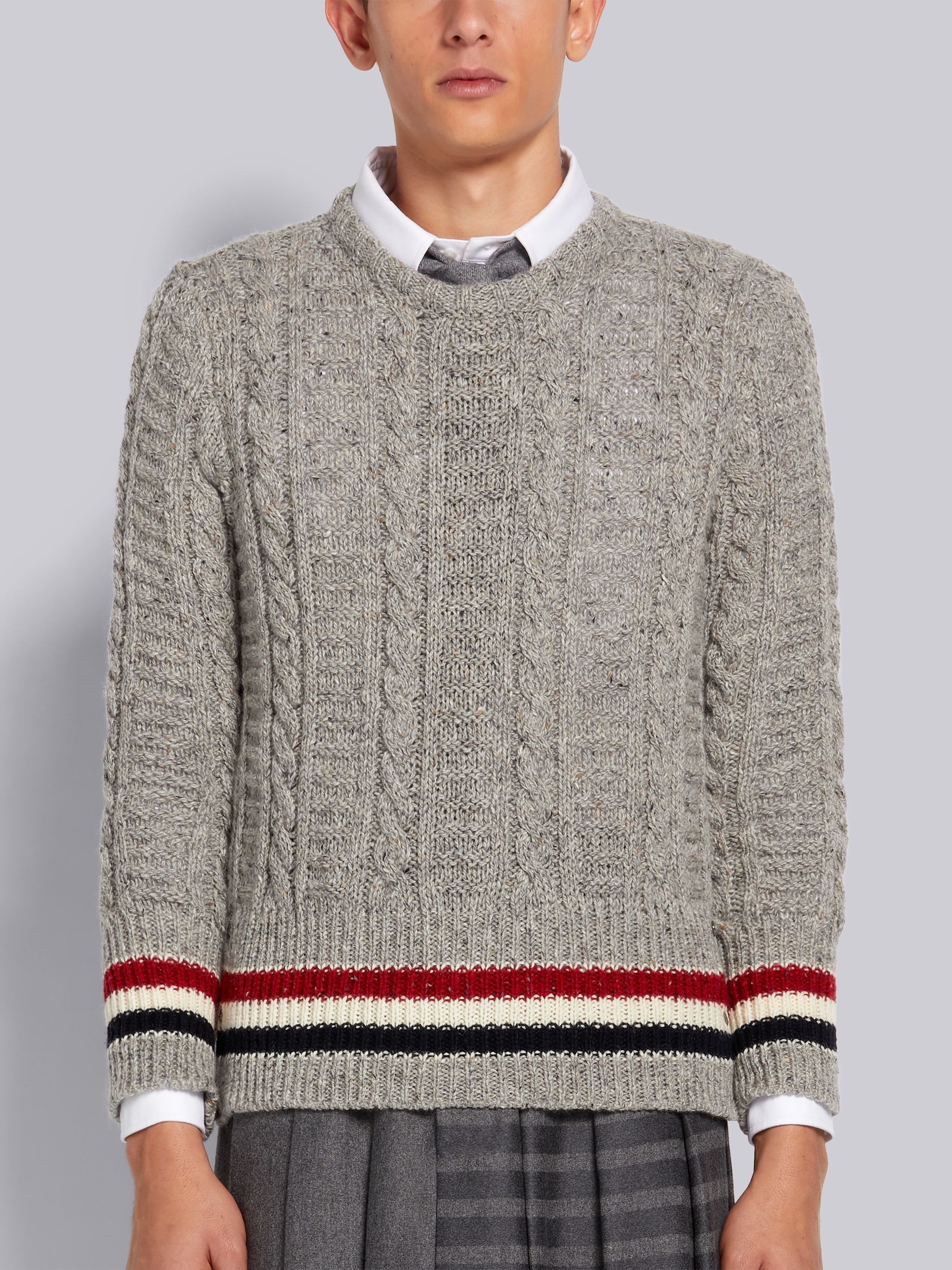 Light Grey Donegal Tweed Filey Stitch Stripe Detail Classic Crew Neck Pullover - 1