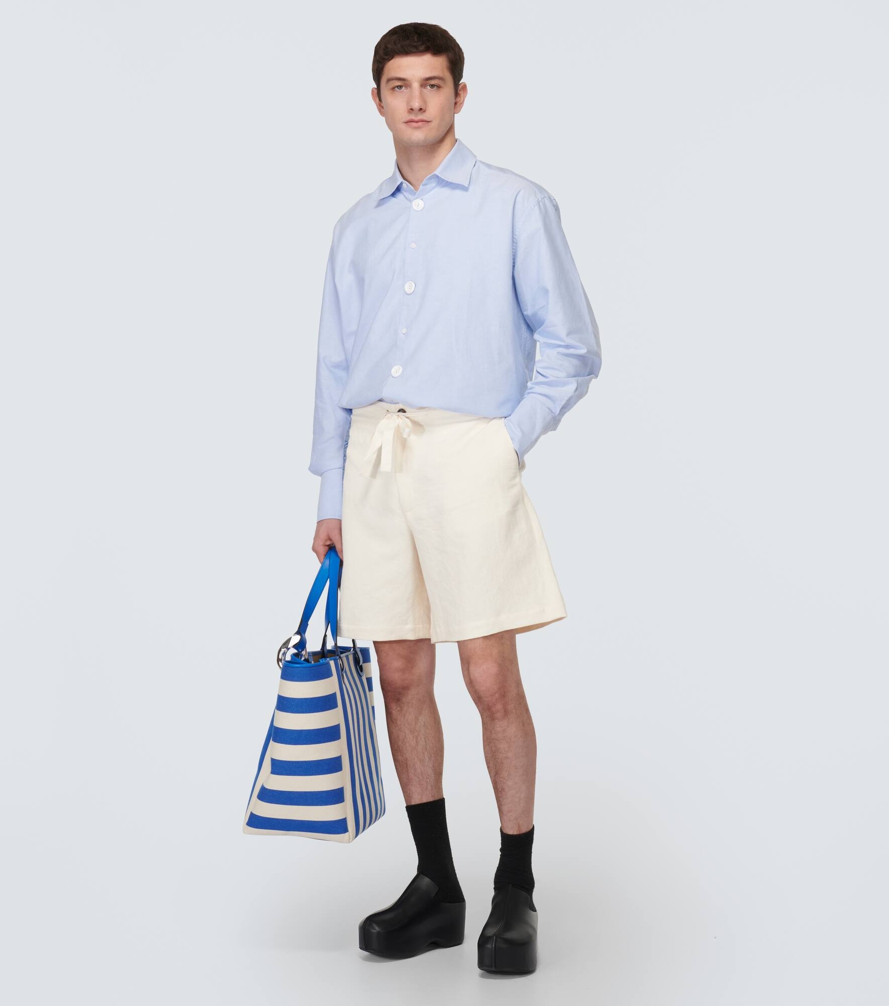 Logo high-rise cotton and linen shorts - 2