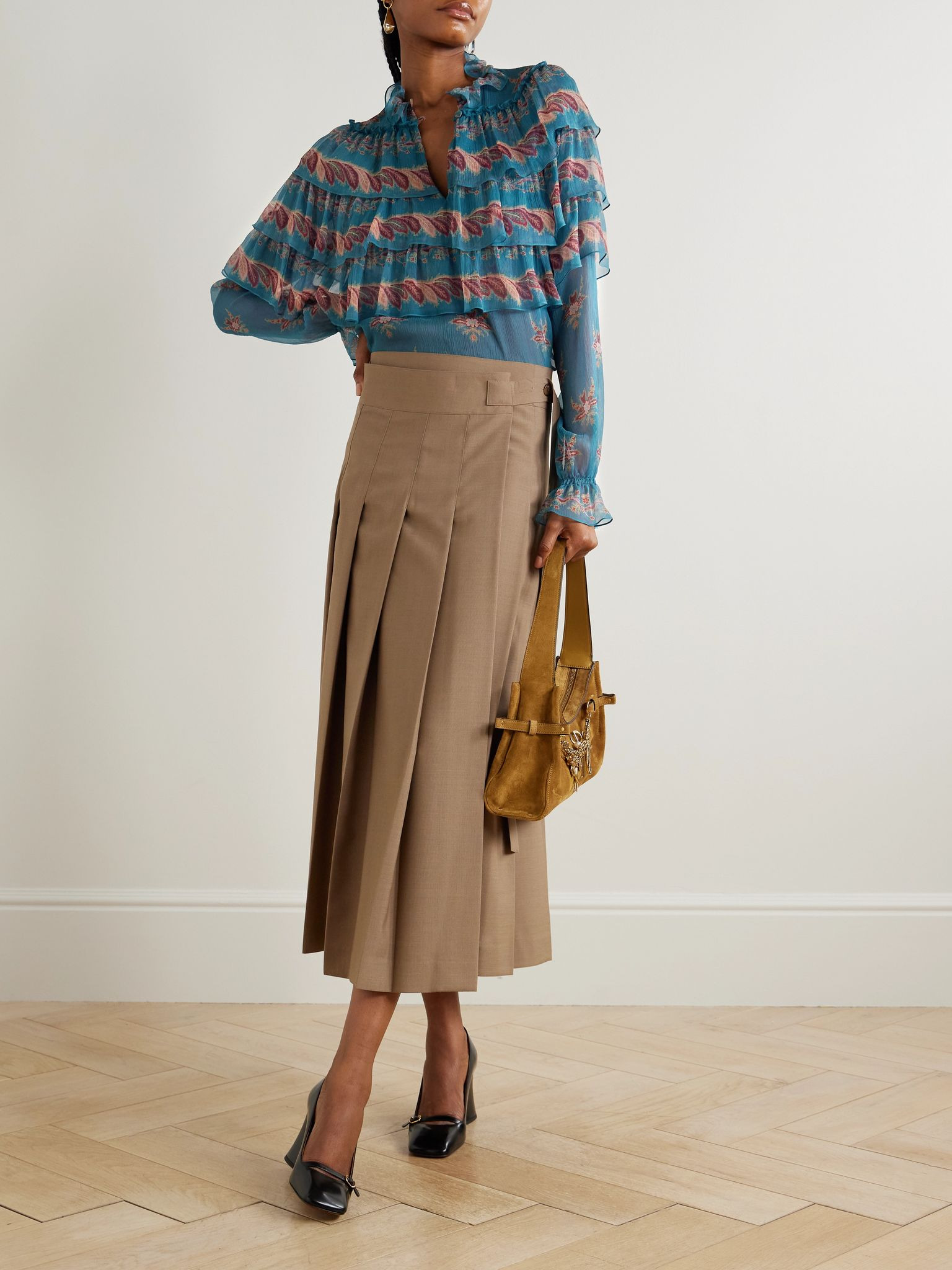 Ruffled tiered printed silk-chiffon blouse Blue - 2