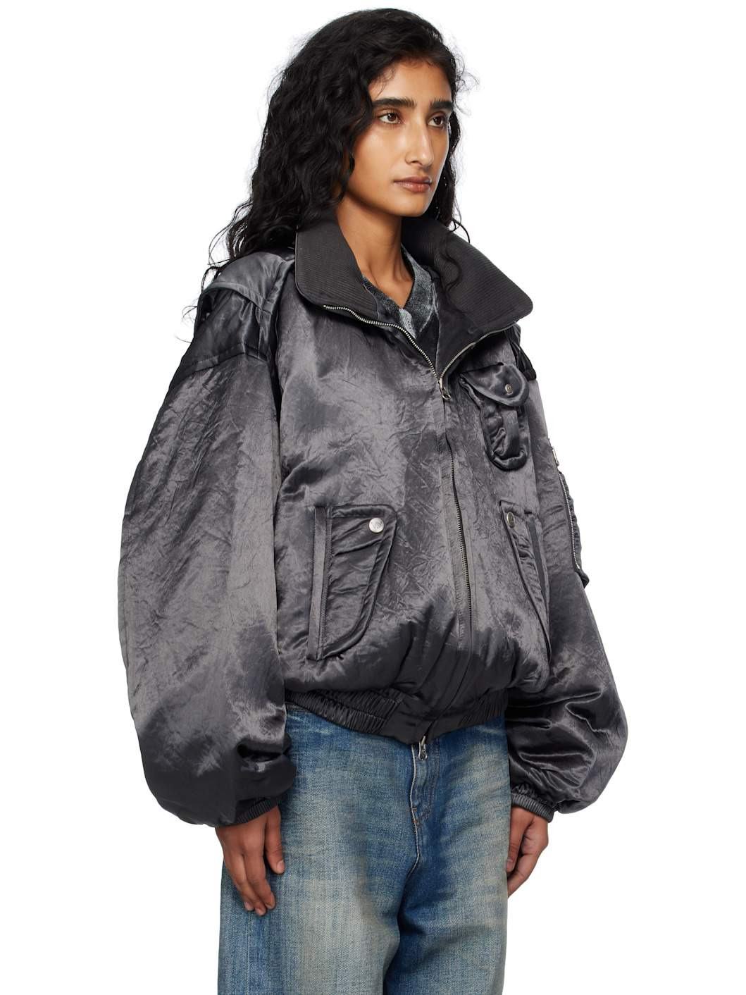 Gray Satin Cargo Bomber Jacket - 2