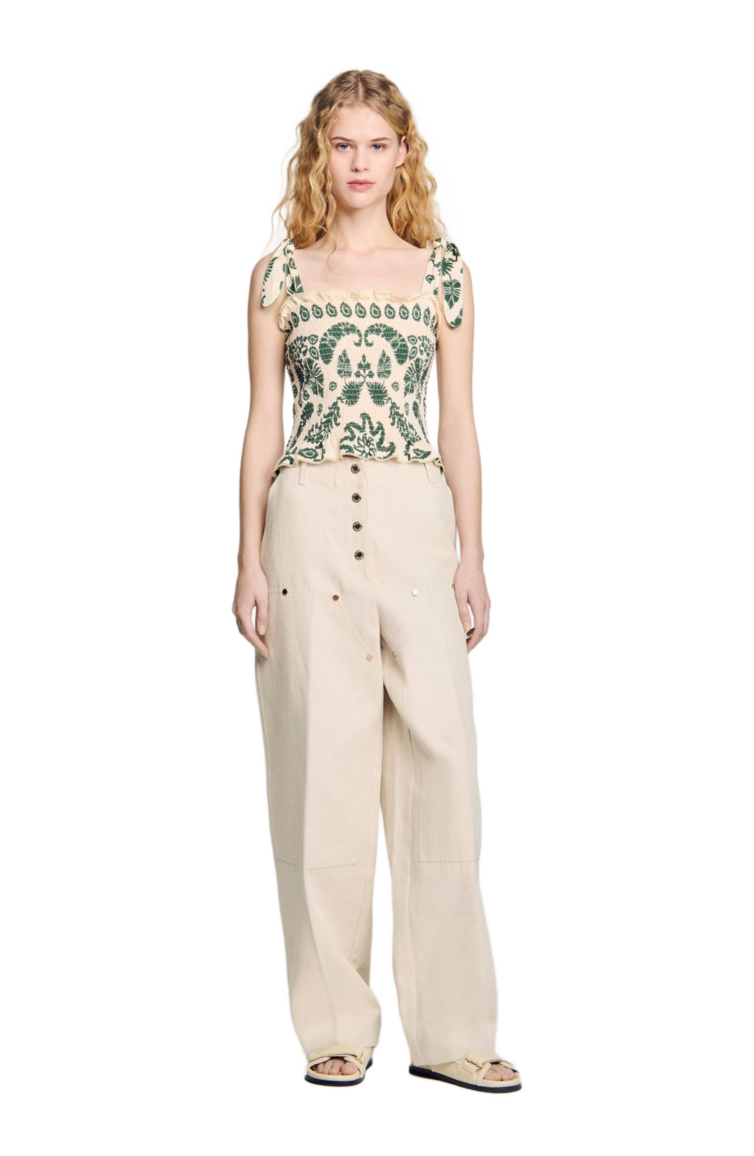SANDRO Floral motif smocked top in Ecru /Green at Nordstrom - 1
