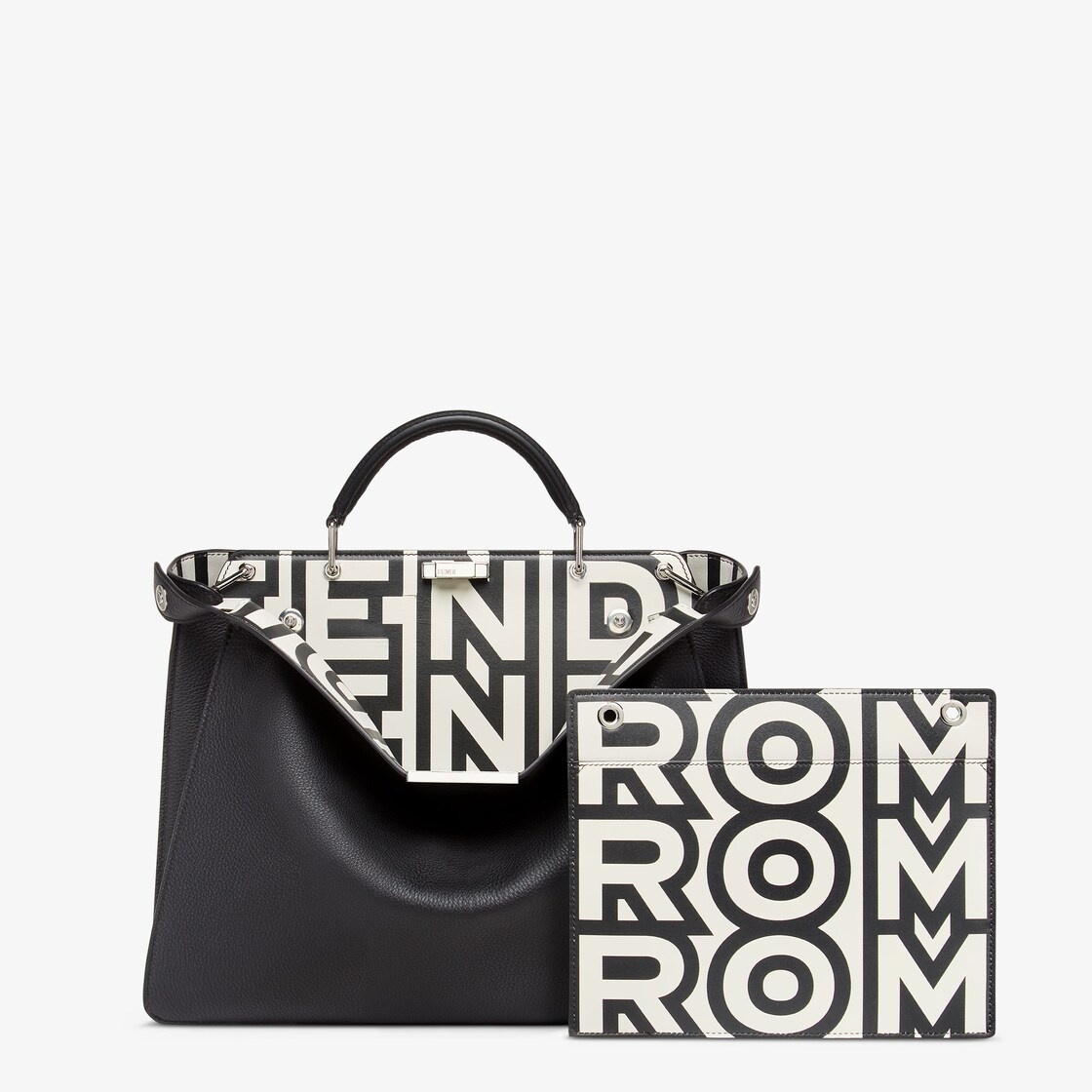 Medium Peekaboo ISeeU bag made of black Cuoio Romano leather, printed on the inside with a black and - 2
