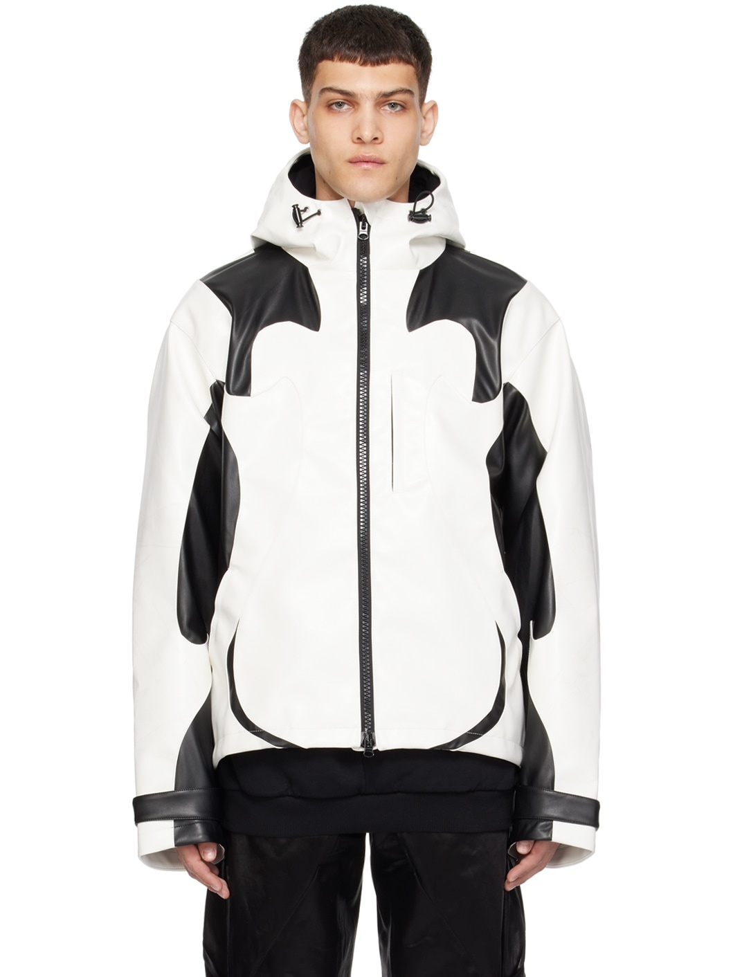 White & Black Paneled Faux-Leather Jacket - 1