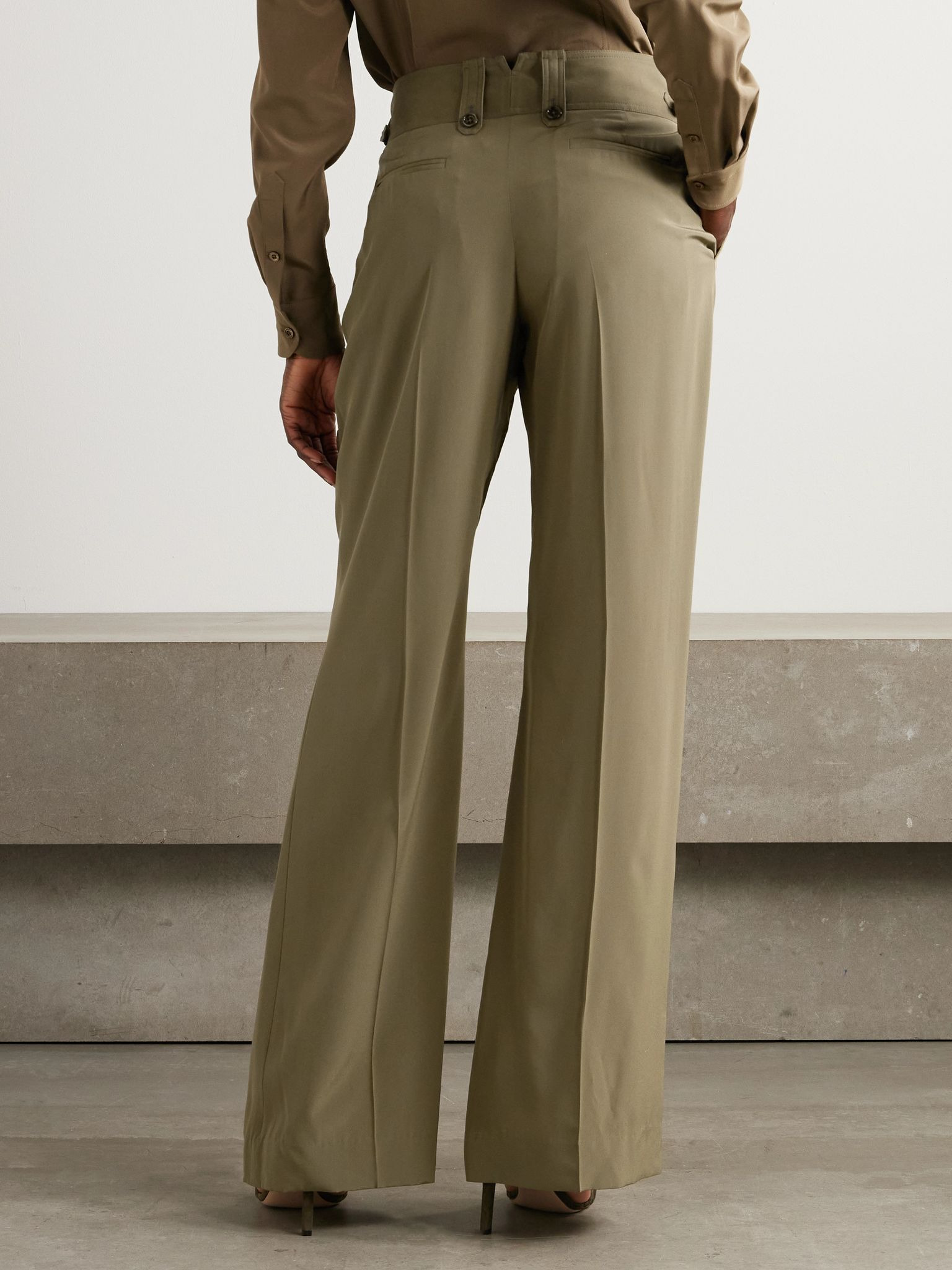 Pleated silk crepe de chine straight-leg pants Green - 3