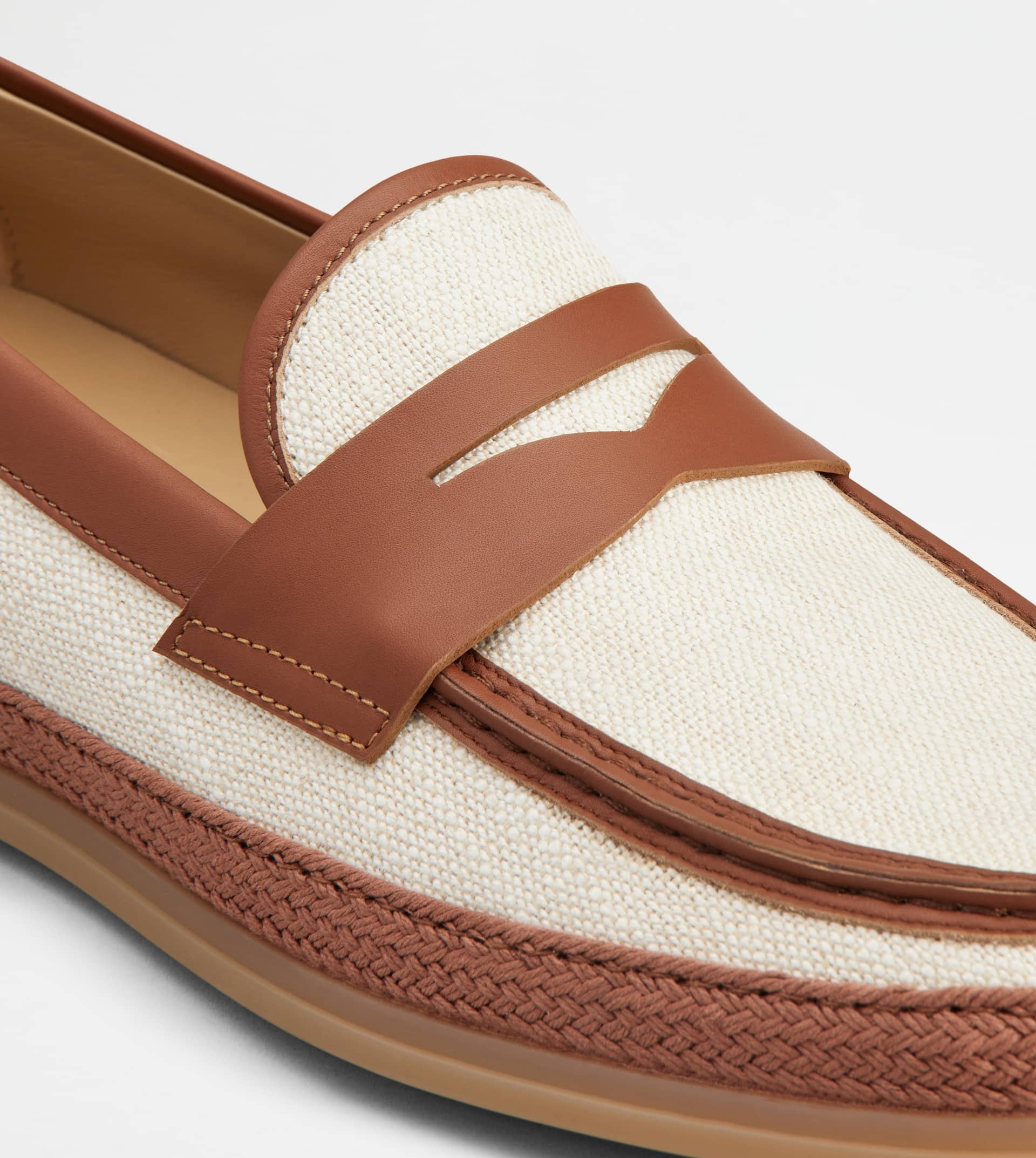 LOAFERS IN CANVAS AND LEATHER - OFF WHITE, BROWN - 5