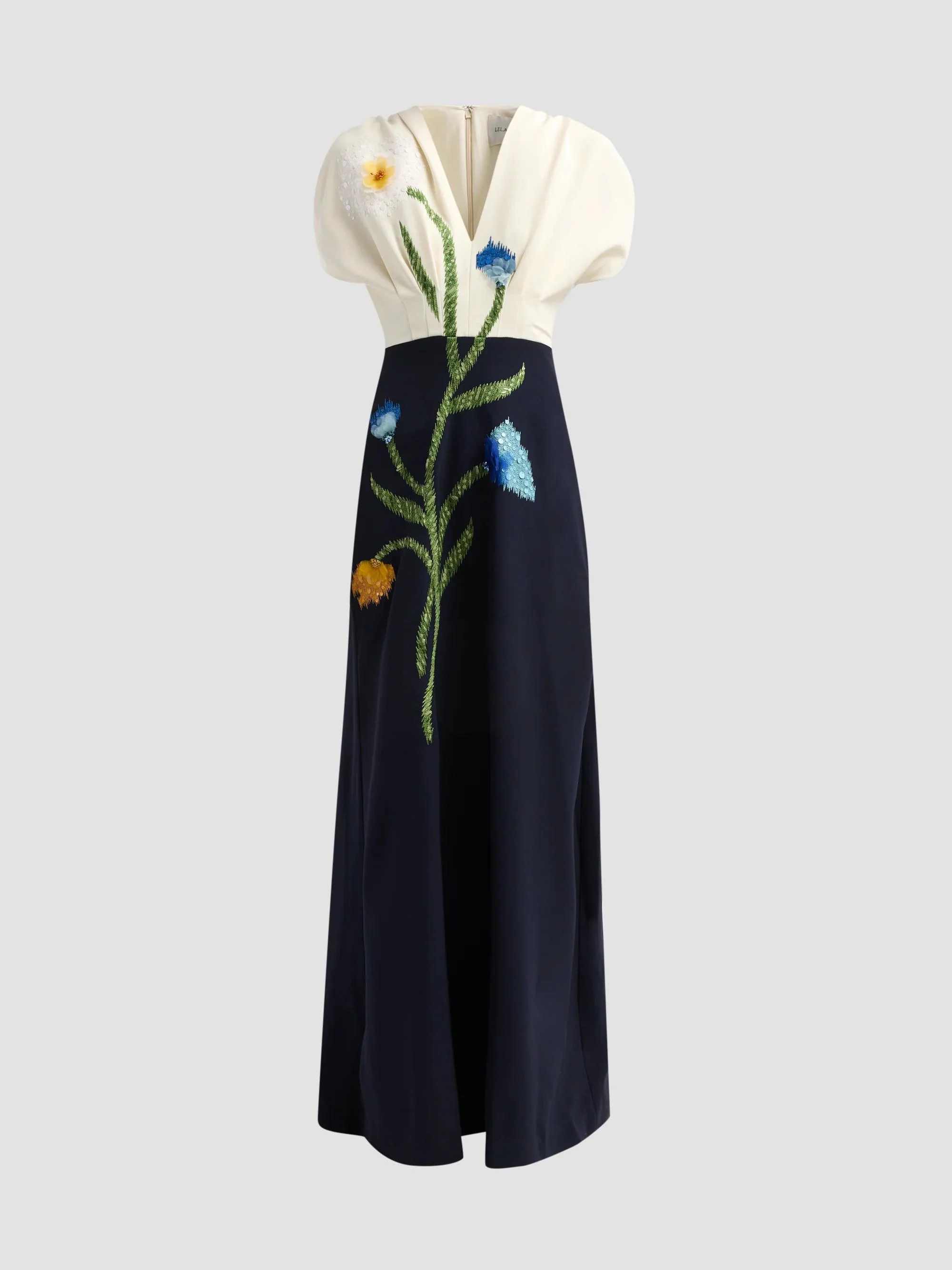 Women's Floral-Embroidered Crepe V-Neck Gown - Ivory Navy - 1