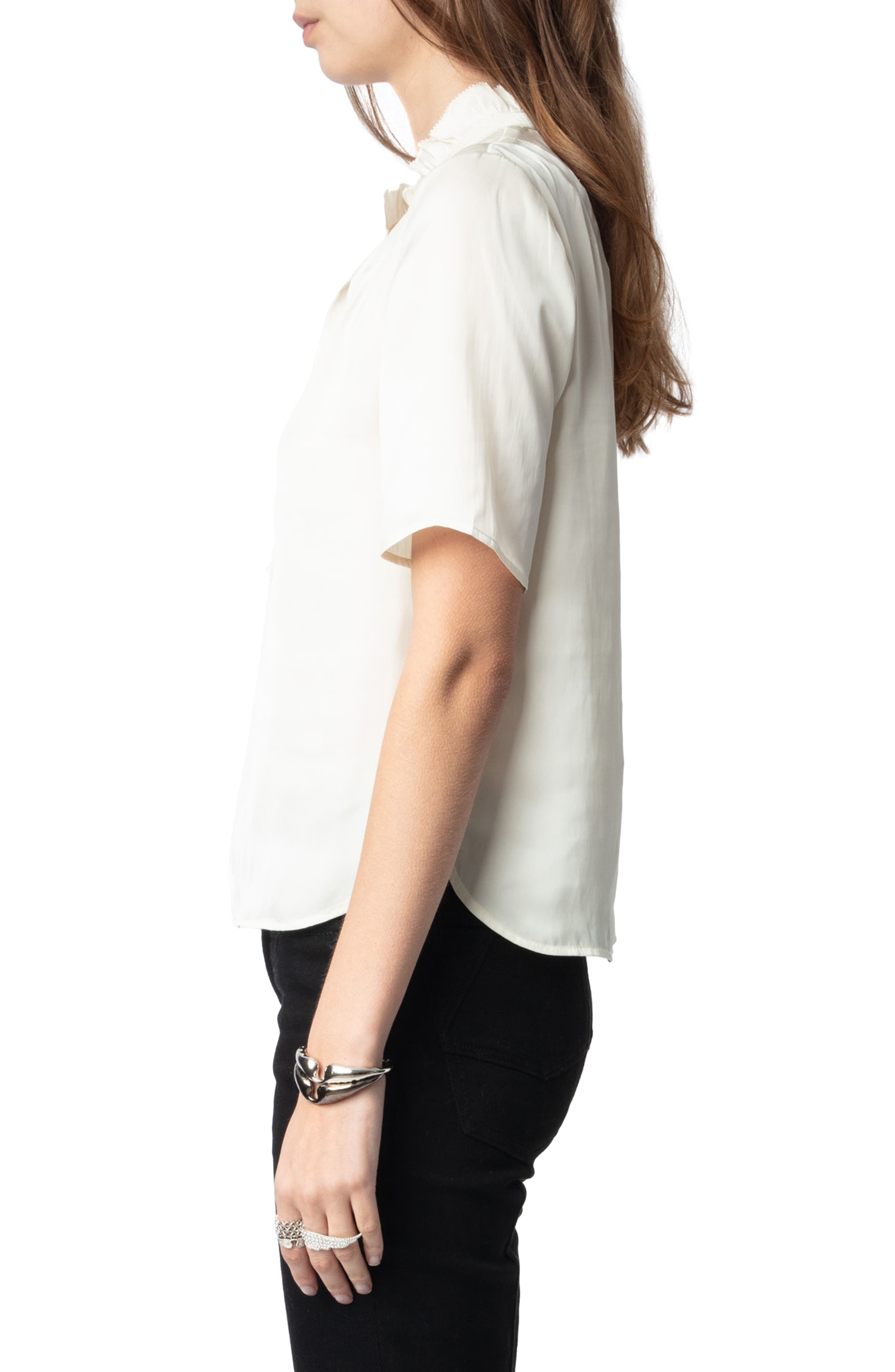 Zadig & Voltaire Topher Ruffle Neck Satin Popover Top in Flake at Nordstrom - 2
