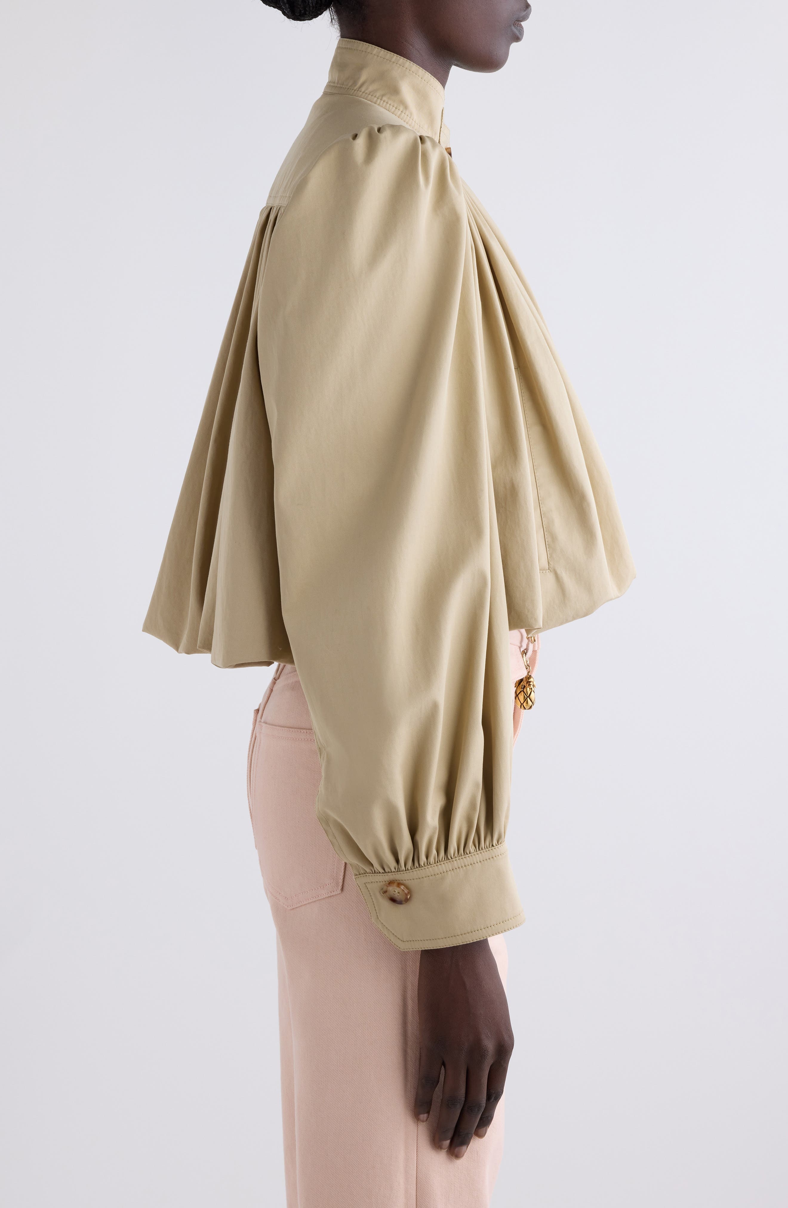Chloé Puff Sleeve Gathered Cotton Gabardine Crop Jacket in Smoky Beige at Nordstrom - 4