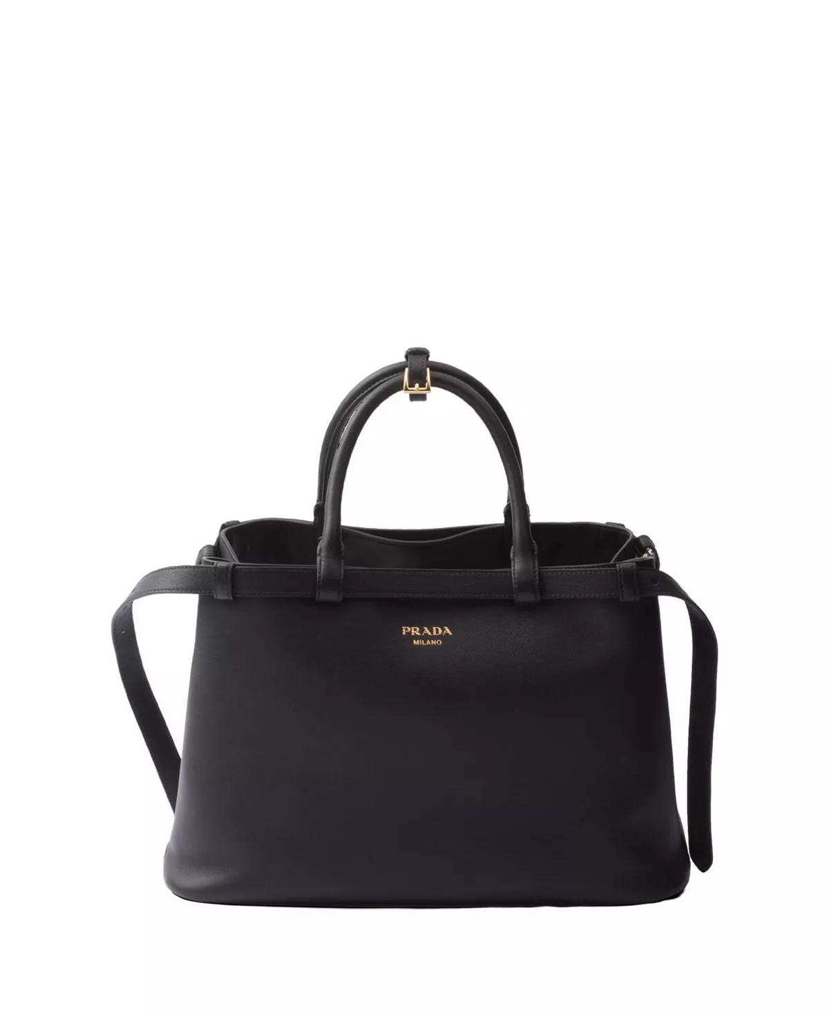 Buckle Medium Leather Handbag with Double Belt - 1