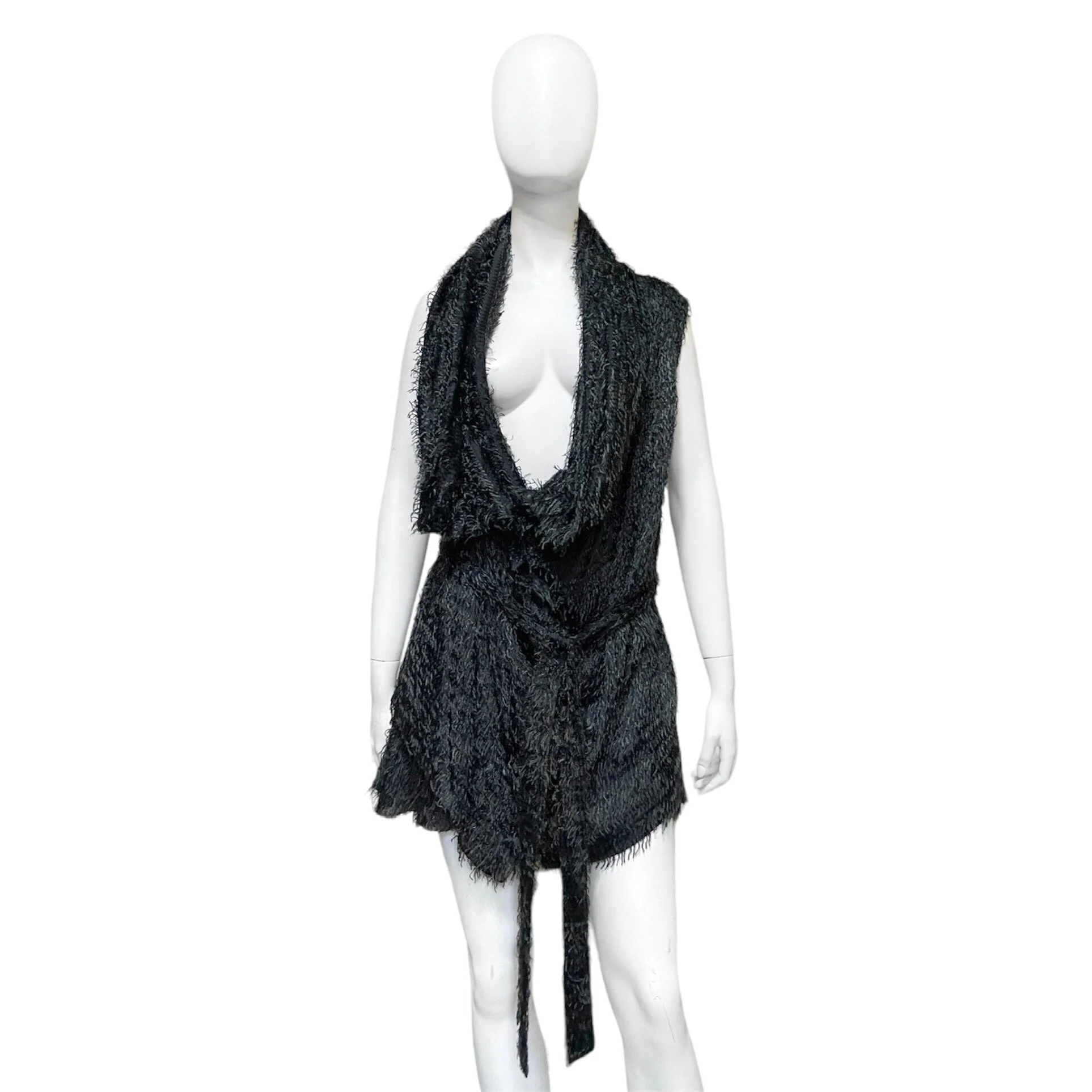 Ann Demeulemeester fall 2008 green fur like fringe silk vest and skirt set - 1