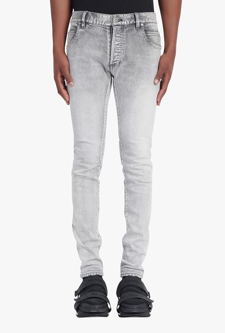 Slim cut faded light gray cotton jeans with embossed Balmain logo - 5