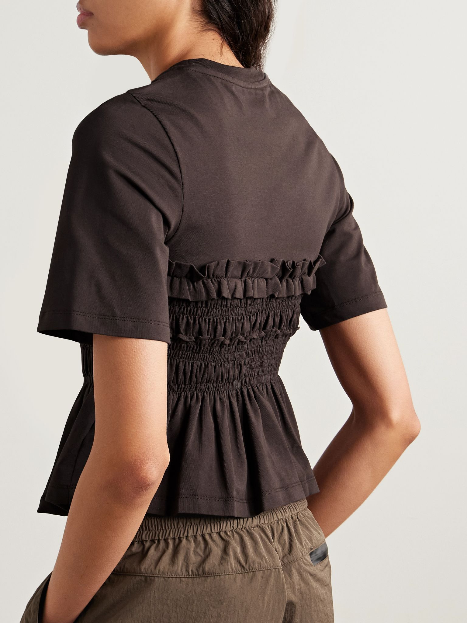 Vilde ruffled shirred cotton-jersey T-shirt Brown - 3
